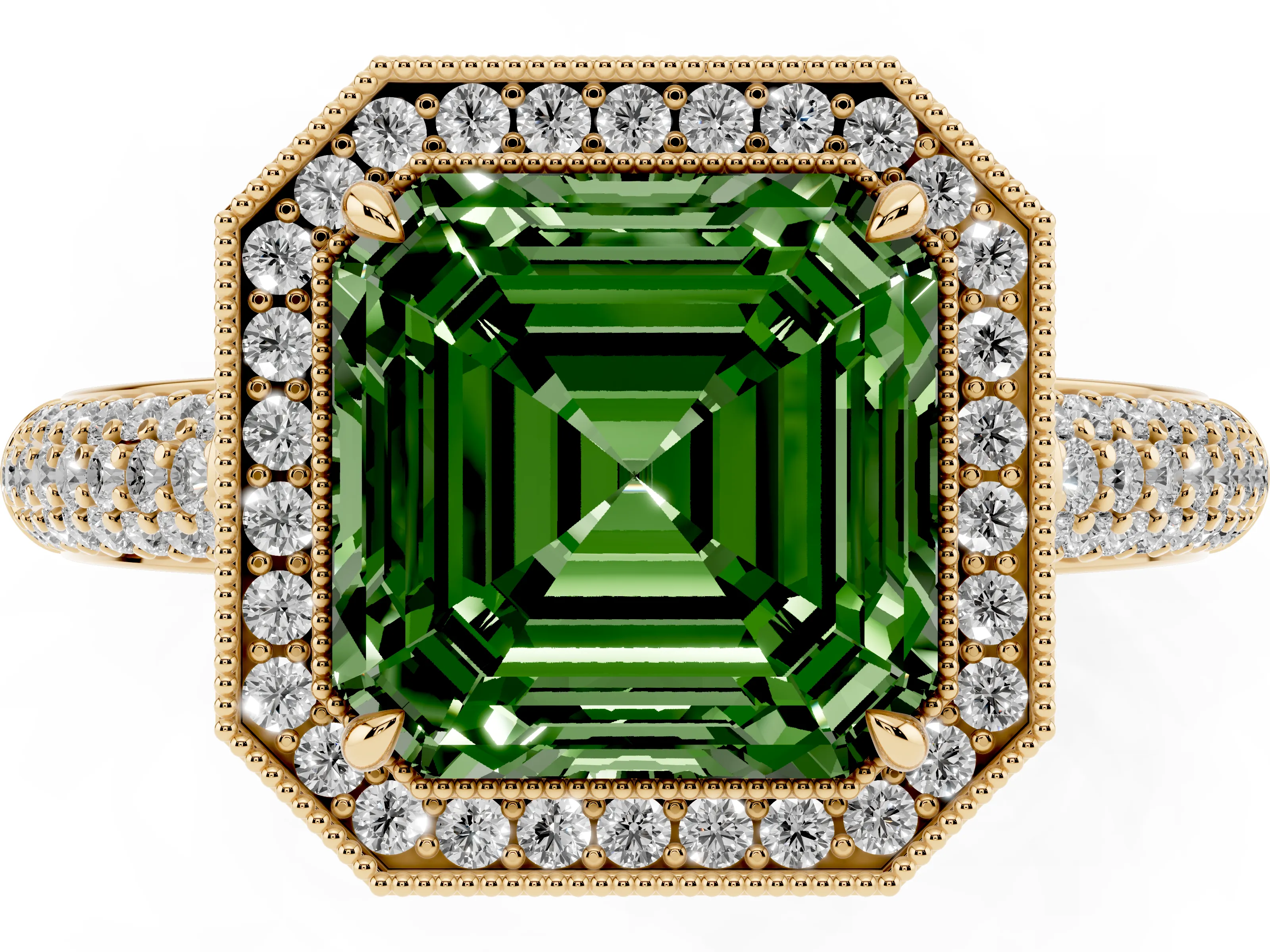 Fancy Green Asscher Cut Diamond Halo Pavé Band Set in Yellow gold with Prong Setting