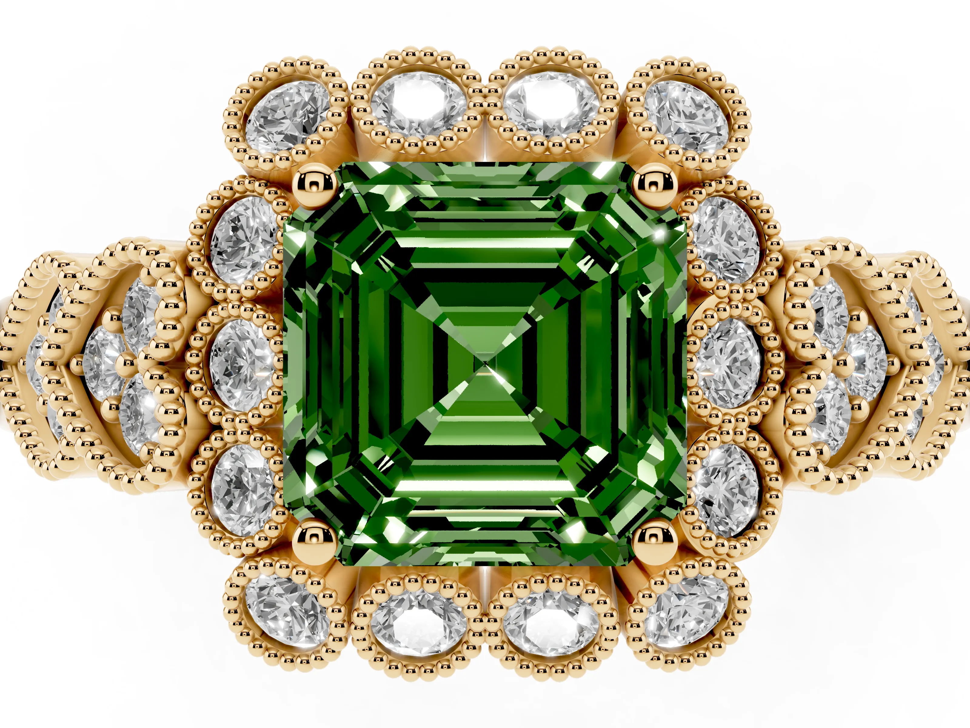 Fancy Green Asscher Cut Diamond Solitaire Ring Set in Yellow gold with Milgrain Pavé Heart Band