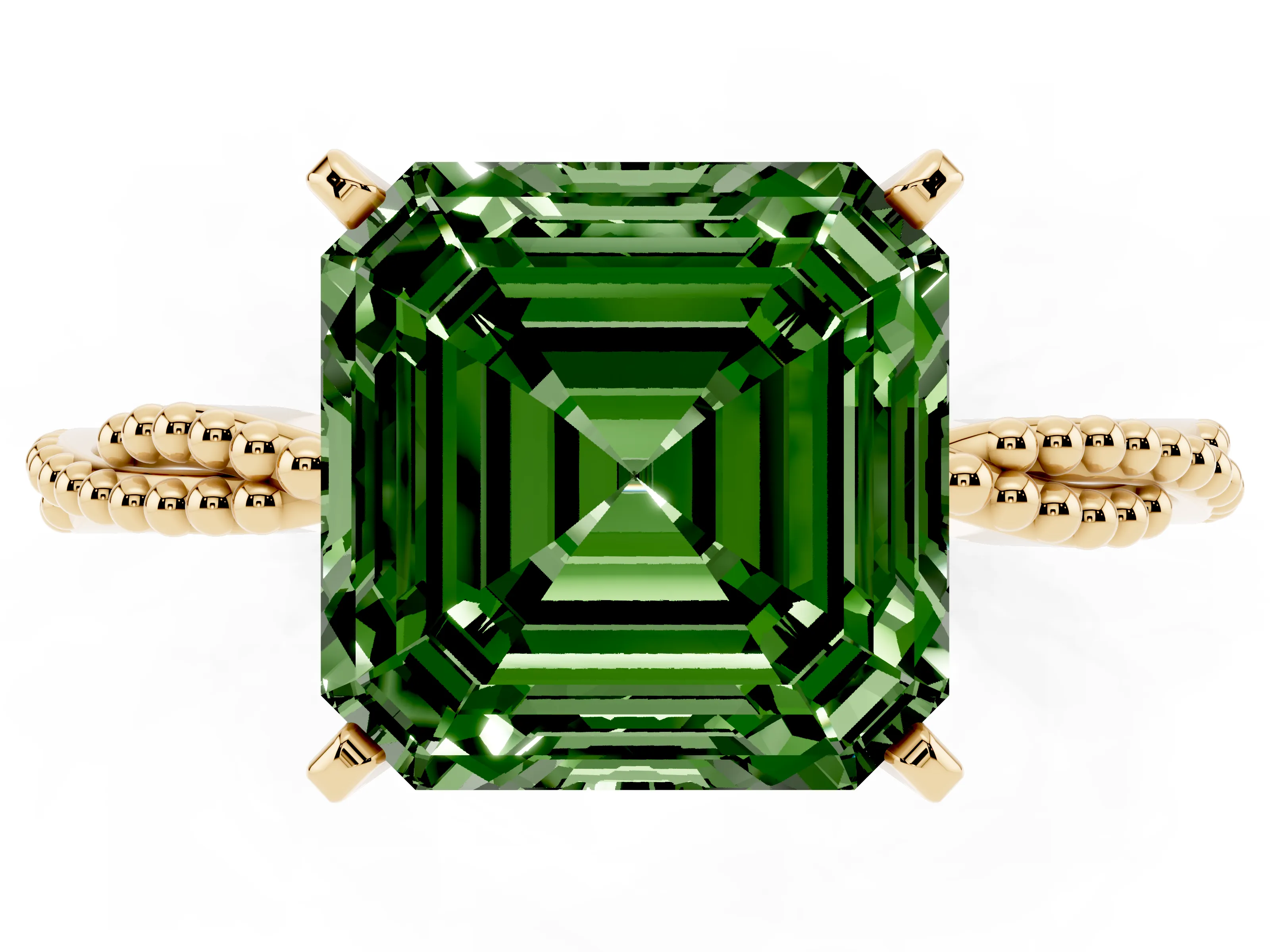 Fancy Green Asscher Cut Diamond Solitaire Ring Set in Yellow gold with Twisted Band and Bead Prong Setting