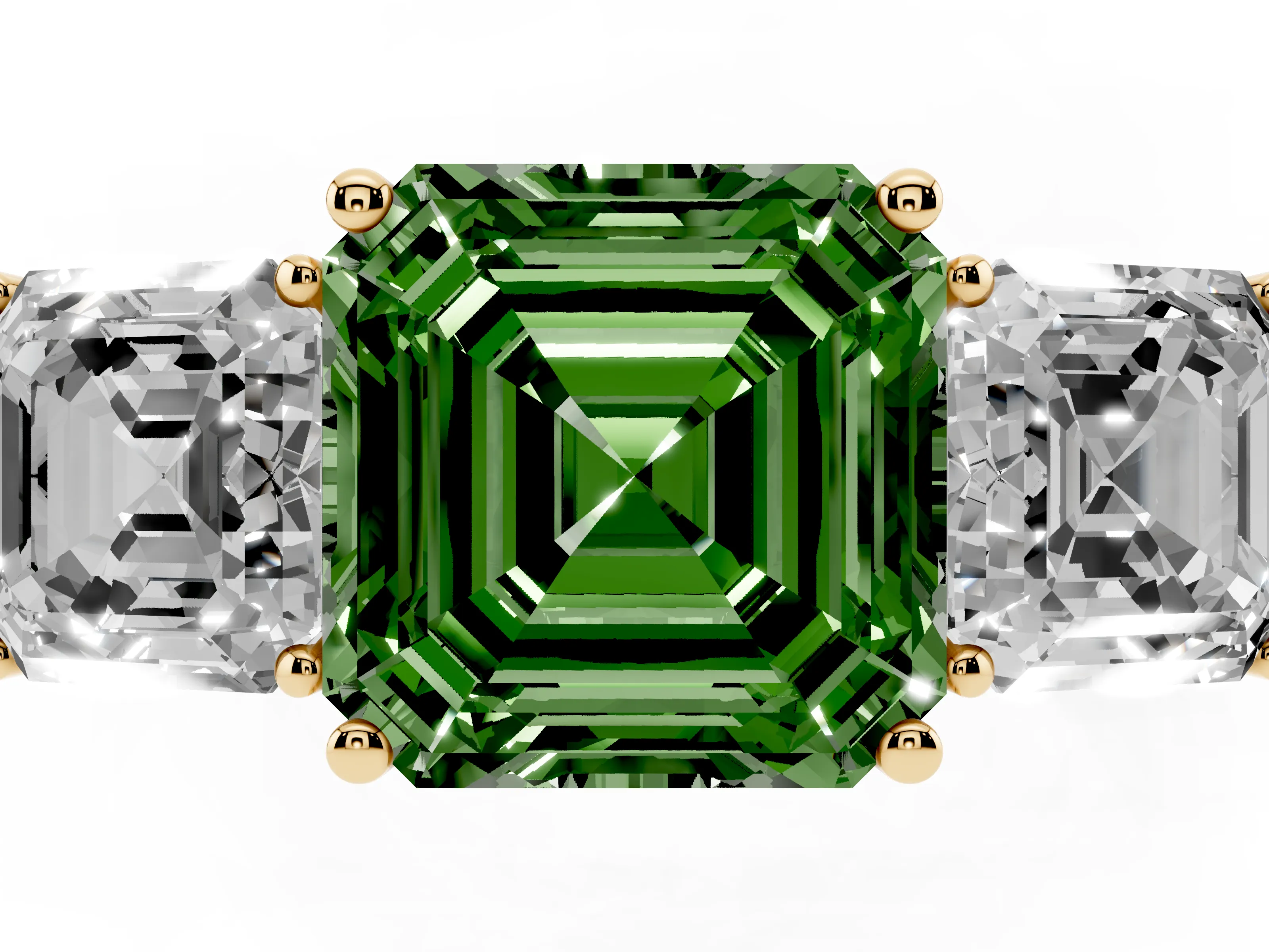 Fancy Green Asscher Cut Diamond Three-Stone Engagement Ring Set in Yellow gold with Flat Band