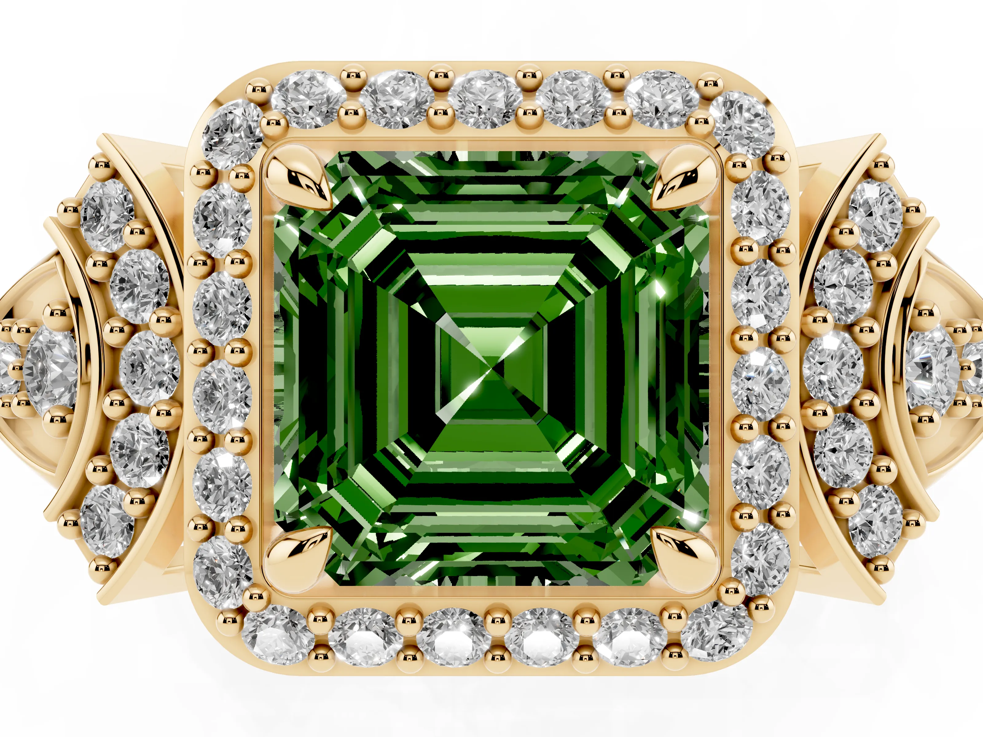 Fancy Green Asscher Cut Diamond Halo Engagement Ring Set in Yellow gold with Accent Stone Split Shank