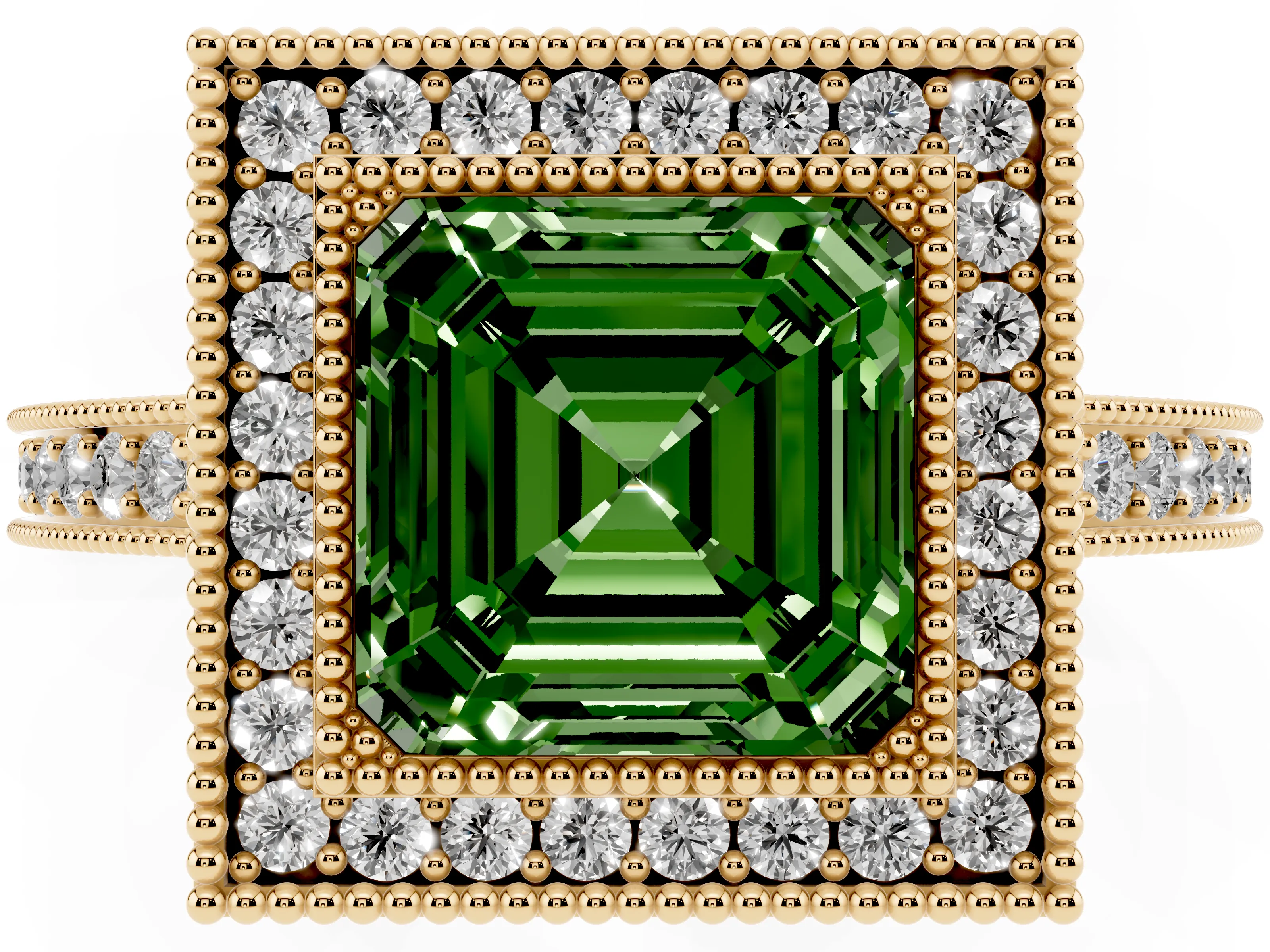 Fancy Green Asscher Cut Diamond Round Halo Ring Set in Yellow gold with Pavé Band
