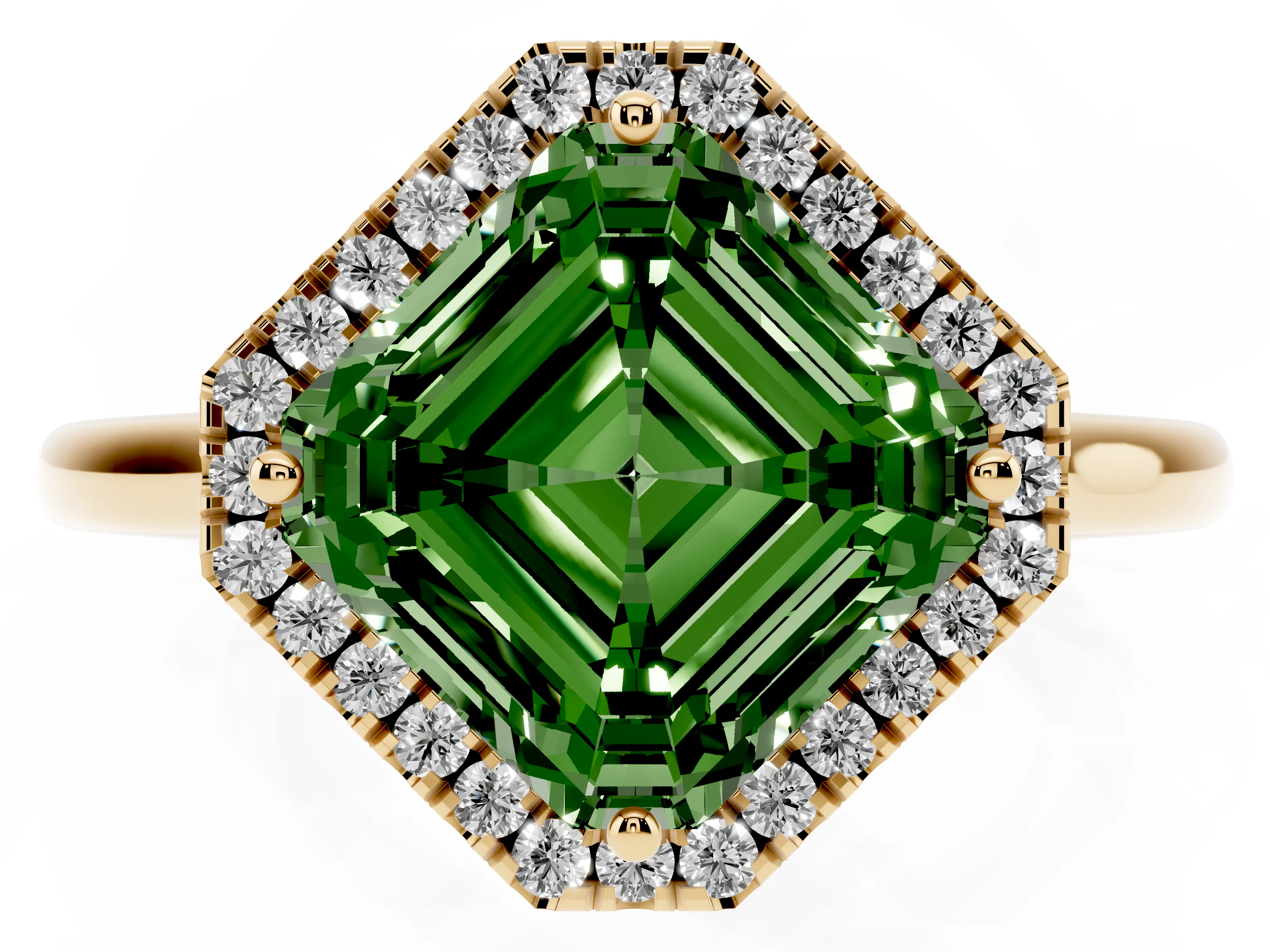 Fancy Green Asscher Cut Diamond Halo Engagement Ring Set in Yellow gold with Pavé Band and Rising Shoulders