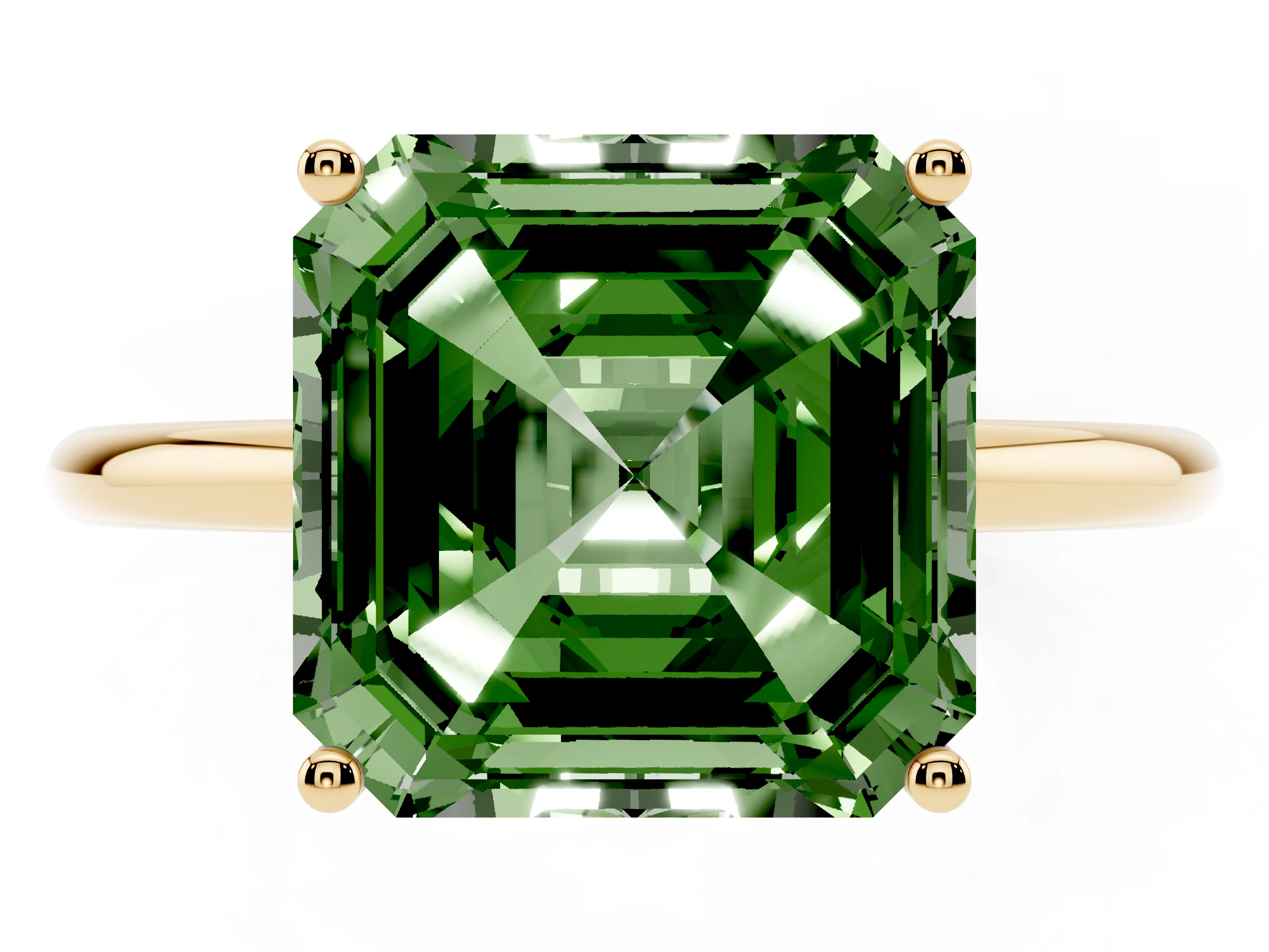 Fancy Green Asscher Cut Diamond Solitaire Engagement Ring Set in Yellow gold with Thin Band and Prong Setting