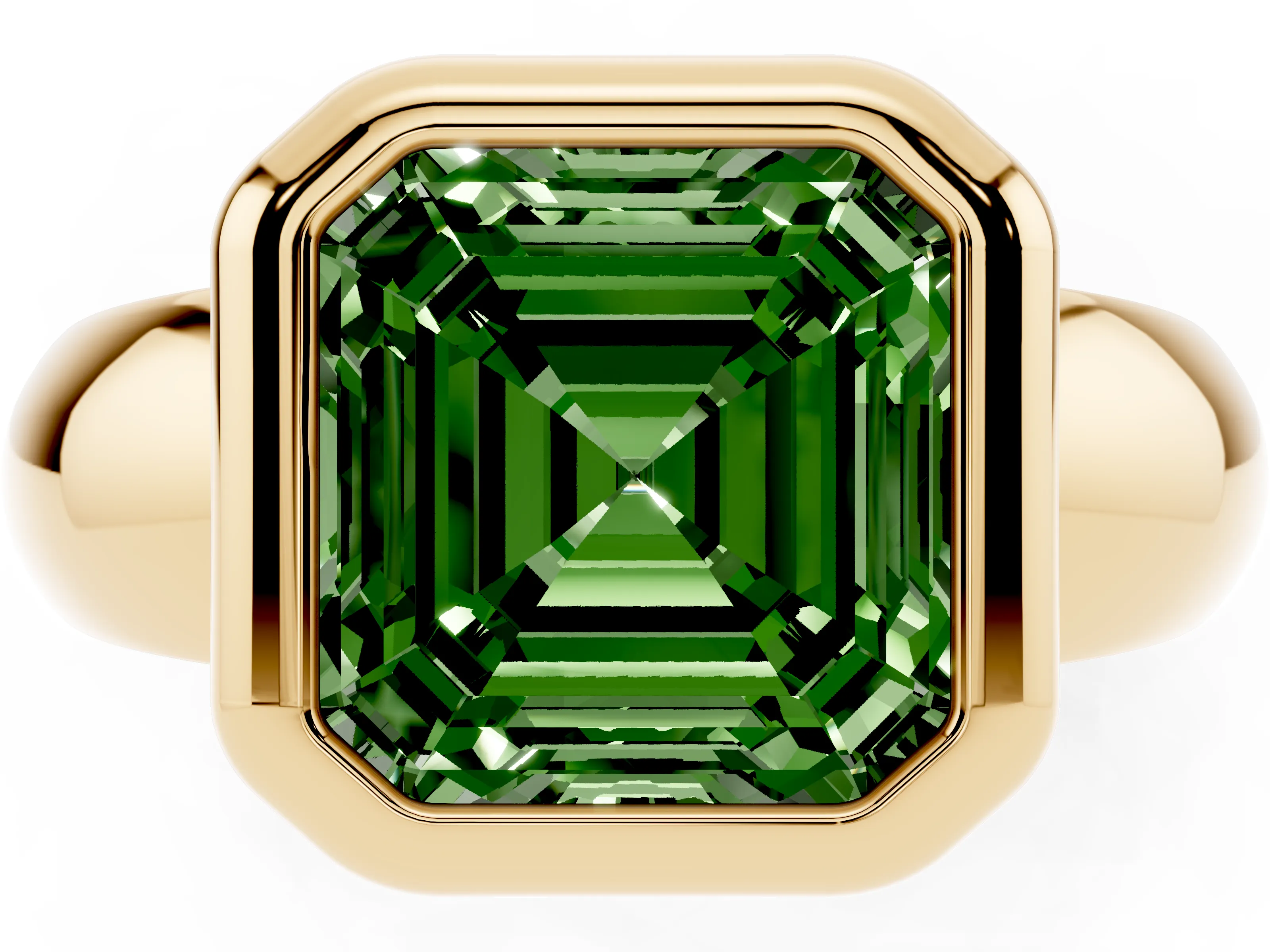 Fancy Green Bezel Set Asscher Cut Diamond Solitaire Ring Set in Yellow gold with Wide Band