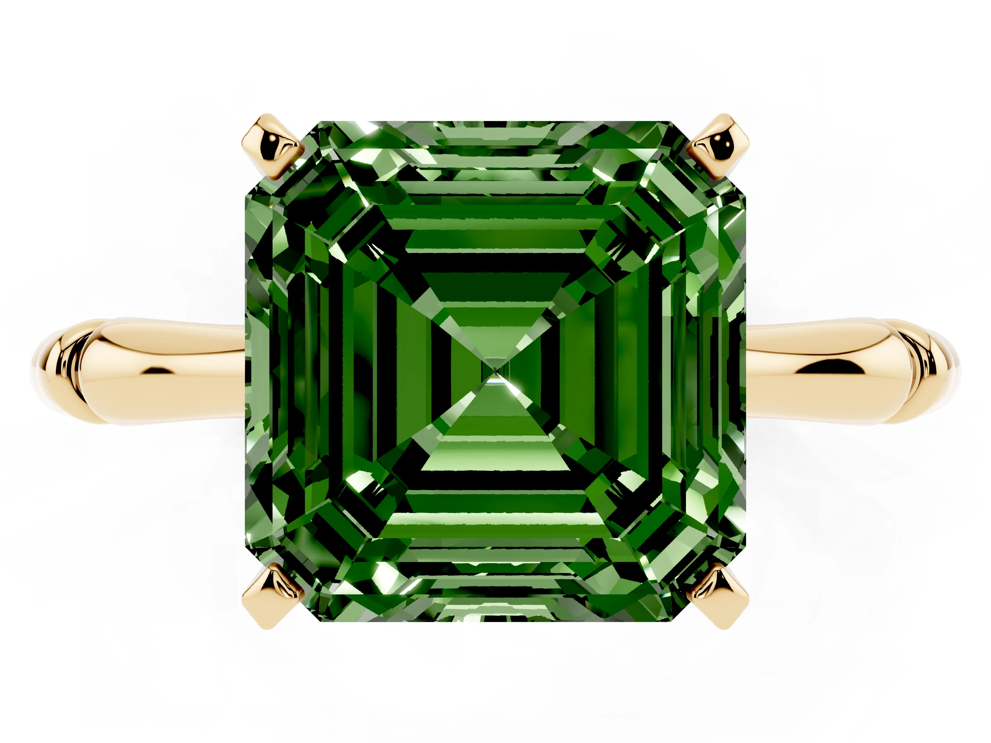 Fancy Green Asscher Cut Diamond Solitaire Ring Set in Yellow gold with Bamboo Band and Prong Setting