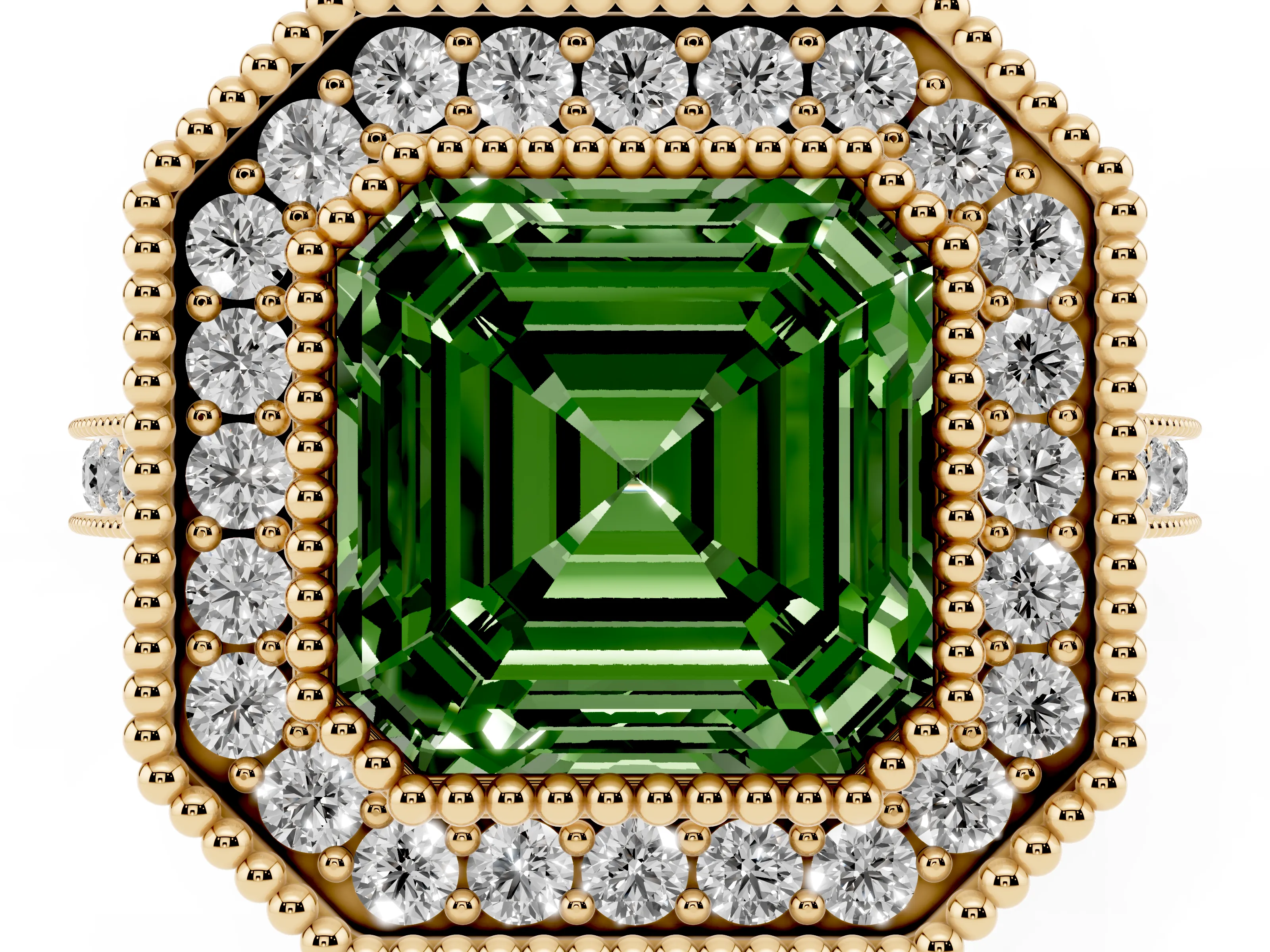 Fancy Green Asscher Cut Diamond Halo Ring Set in Yellow gold with Milgrain Frame and Pavé Band