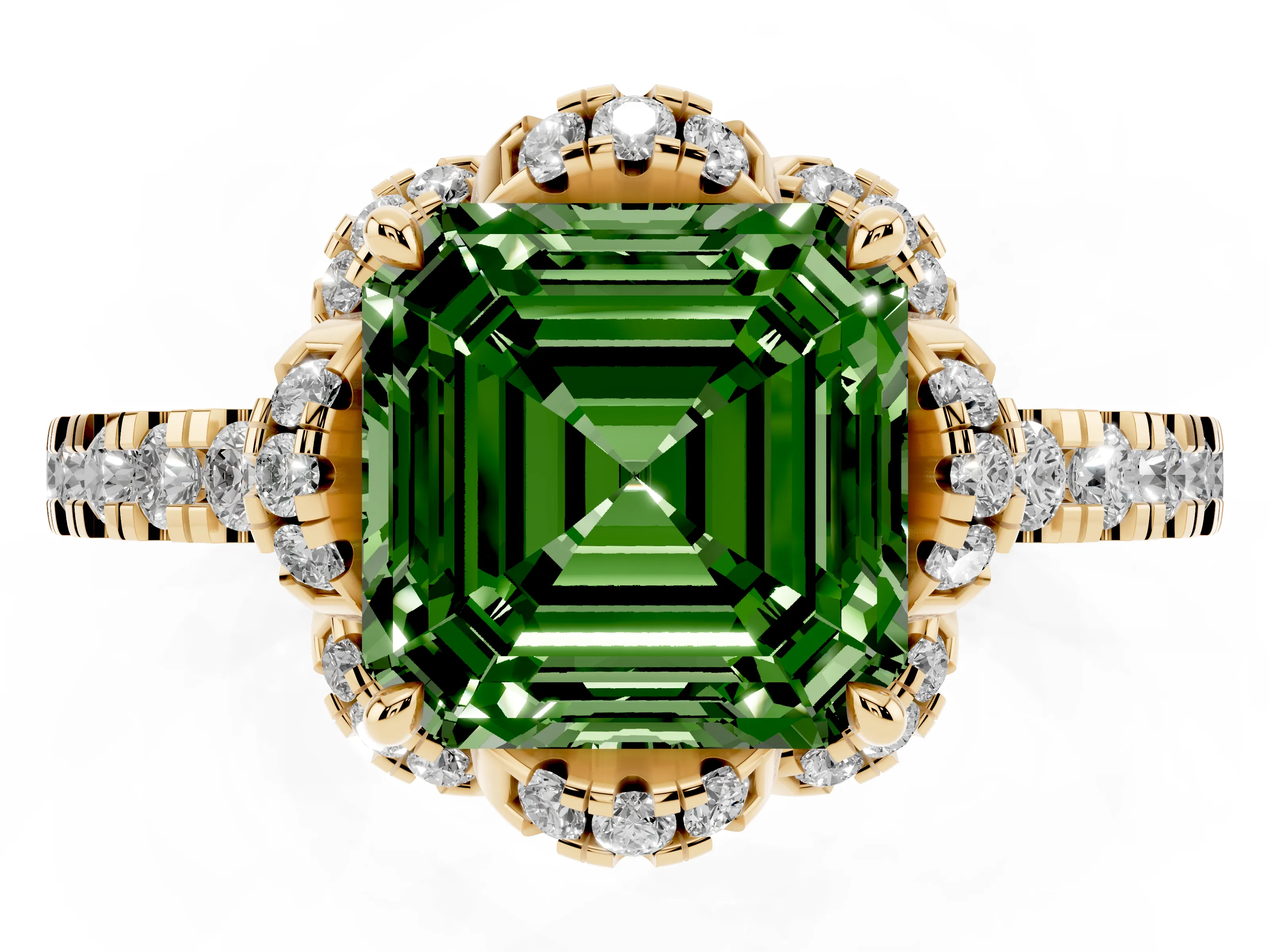 Fancy Green Asscher Cut Diamond Halo Pavé Band Ring Set in Yellow gold with Prong-Held Center