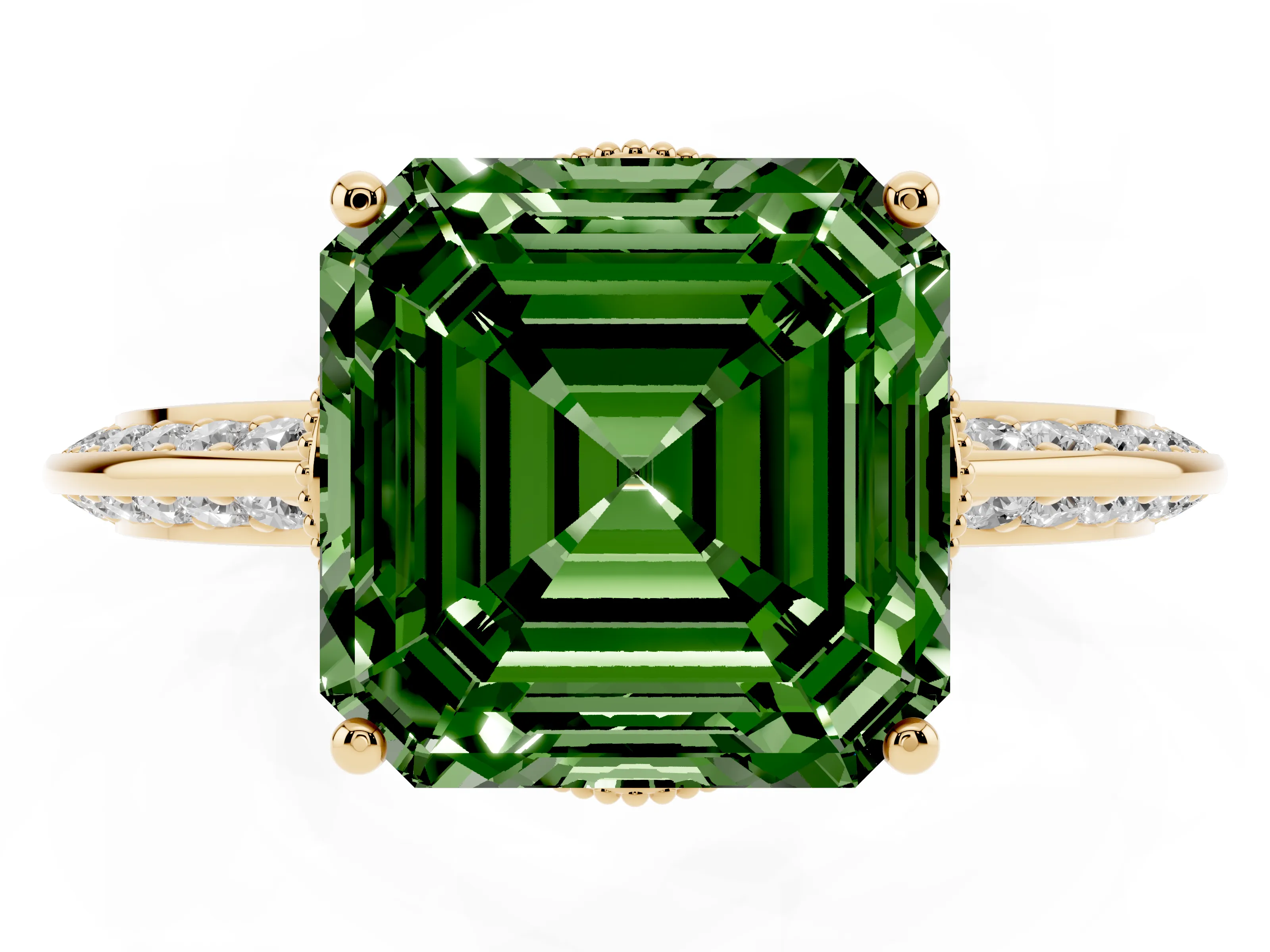 Fancy Green Asscher Cut Diamond Solitaire Engagement Ring Set in Yellow gold with Pavé Split Shank and Prong Setting