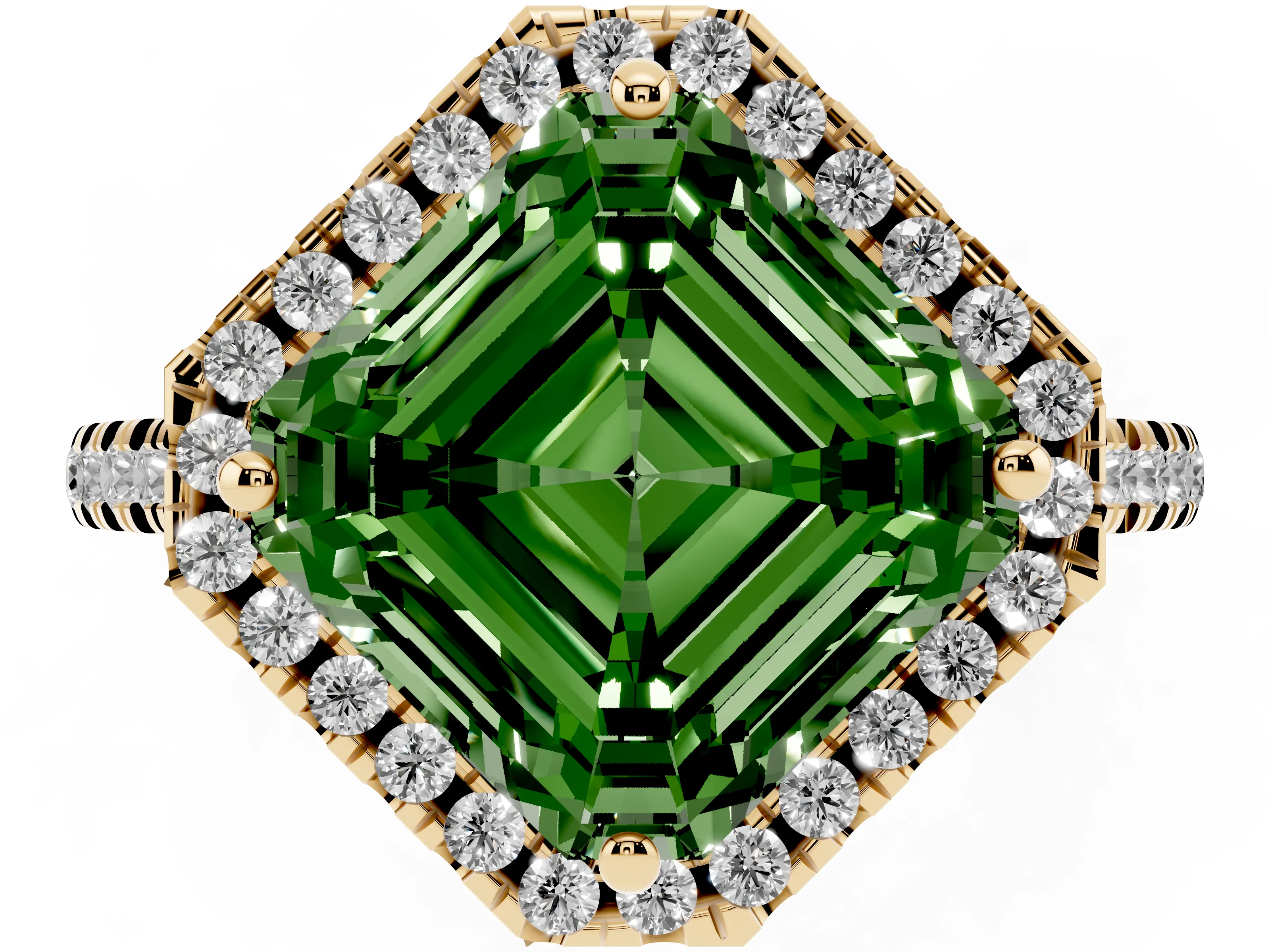 Fancy Green Asscher Cut Diamond Cushion Halo Ring Set in Yellow gold with Pavé Band