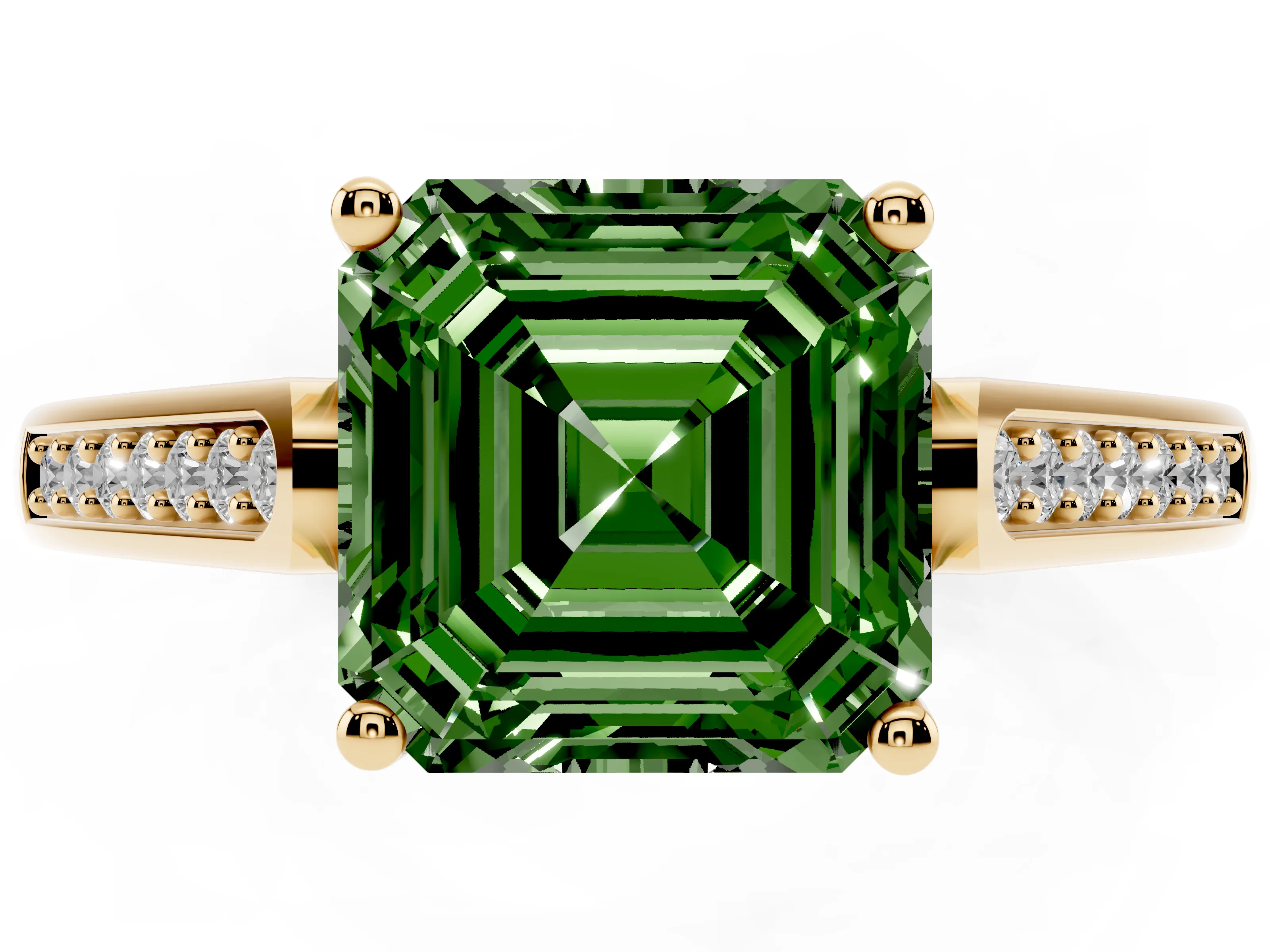 Fancy Green Asscher Cut Diamond Solitaire Cathedral Engagement Ring Set in Yellow gold with Channel-Set Band and Prong Setting