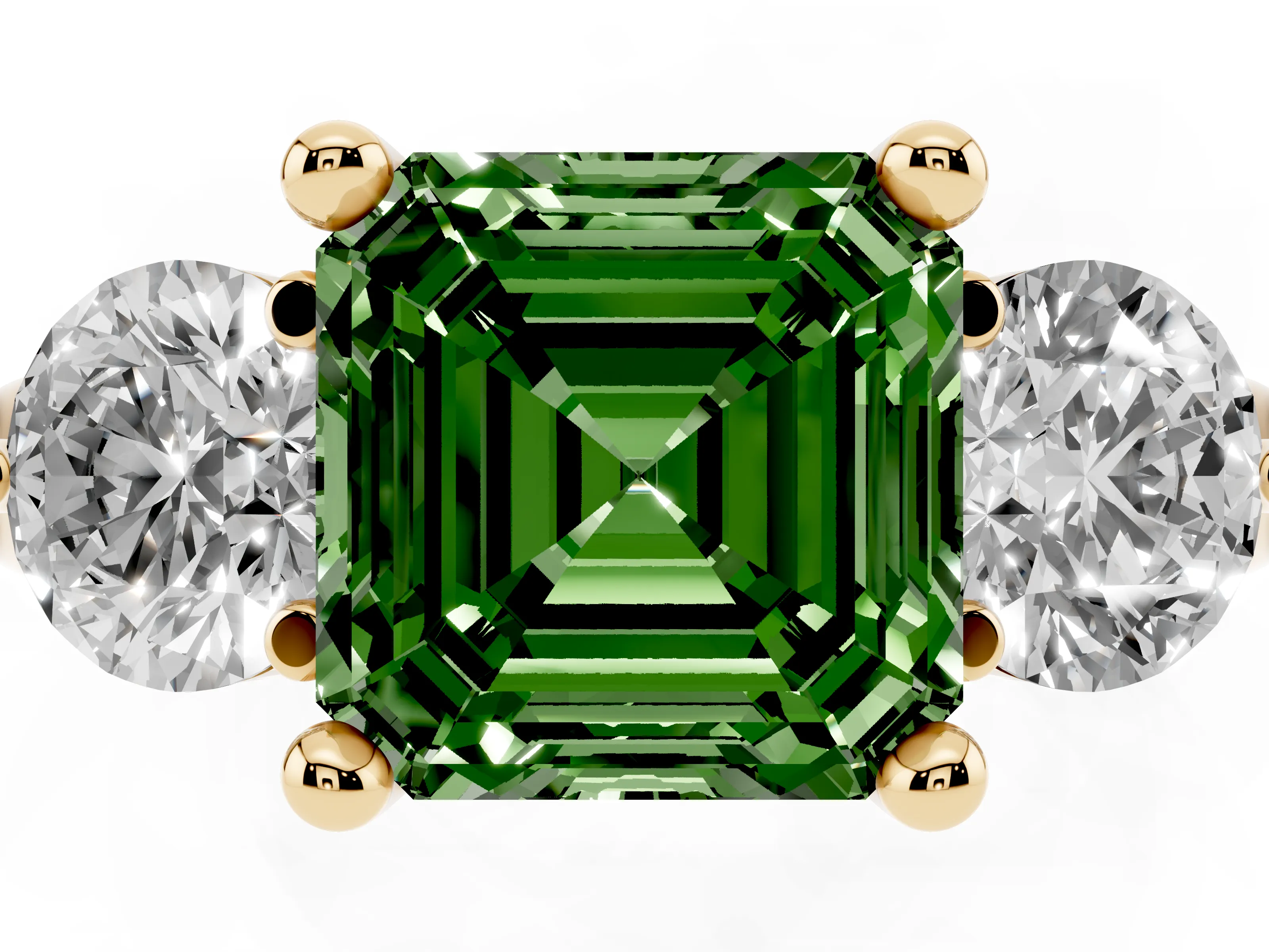 Fancy Green Asscher Cut Diamond Three-Stone Ring Set in Yellow gold with Prong Setting and Classic Band