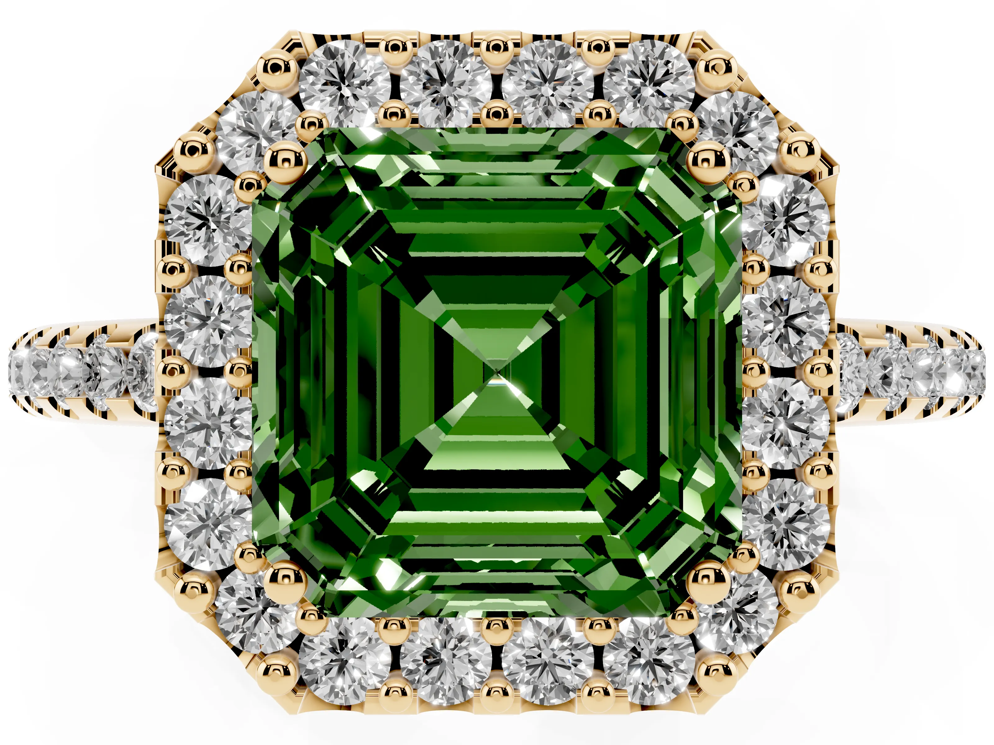 Fancy Green Asscher Cut Diamond Pavé Halo Ring Set in Yellow gold with Prong Setting
