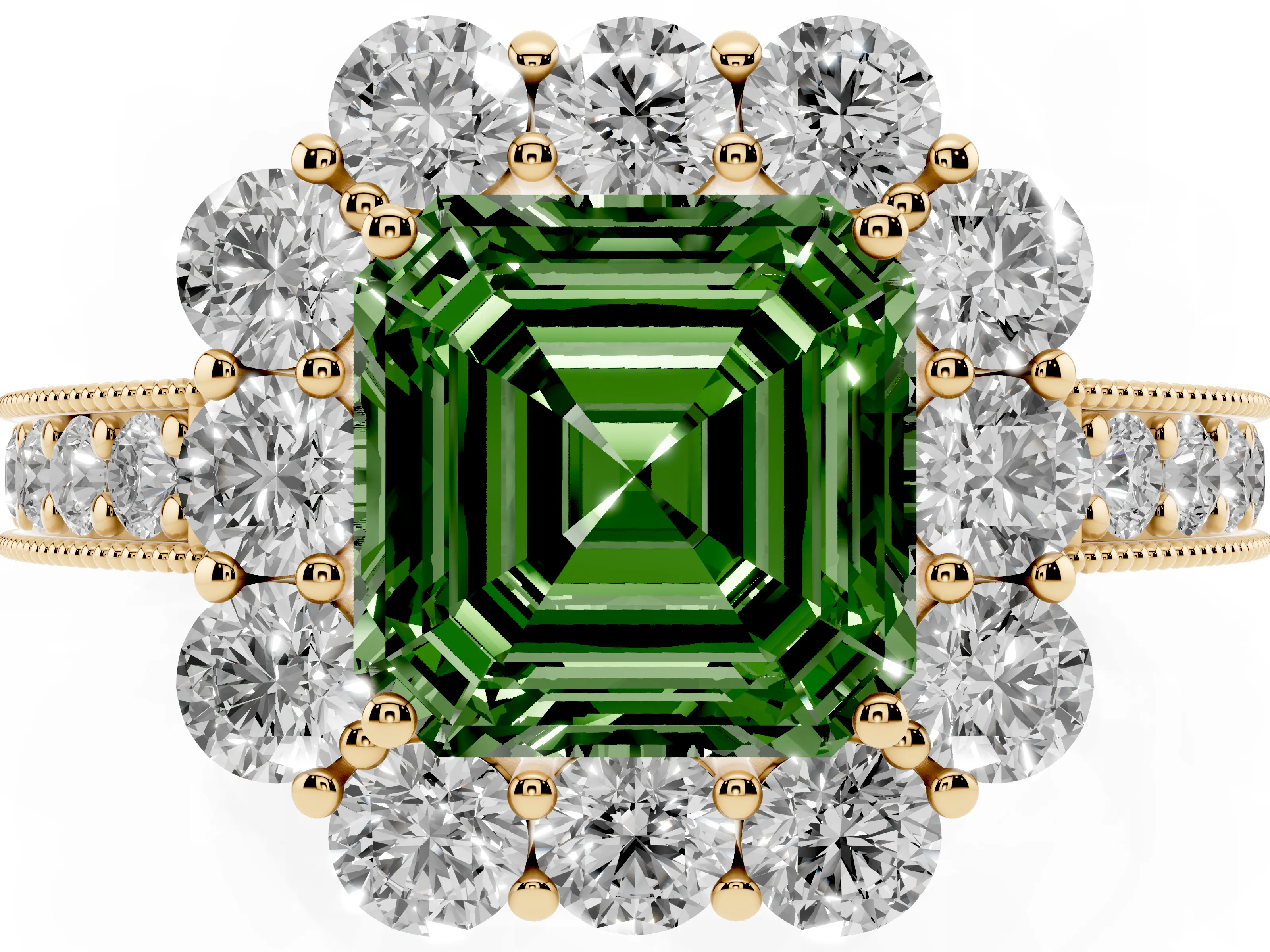 Fancy Green Asscher Cut Diamond Halo Pavé Engagement Ring Set in Yellow gold with Milgrain Detailing