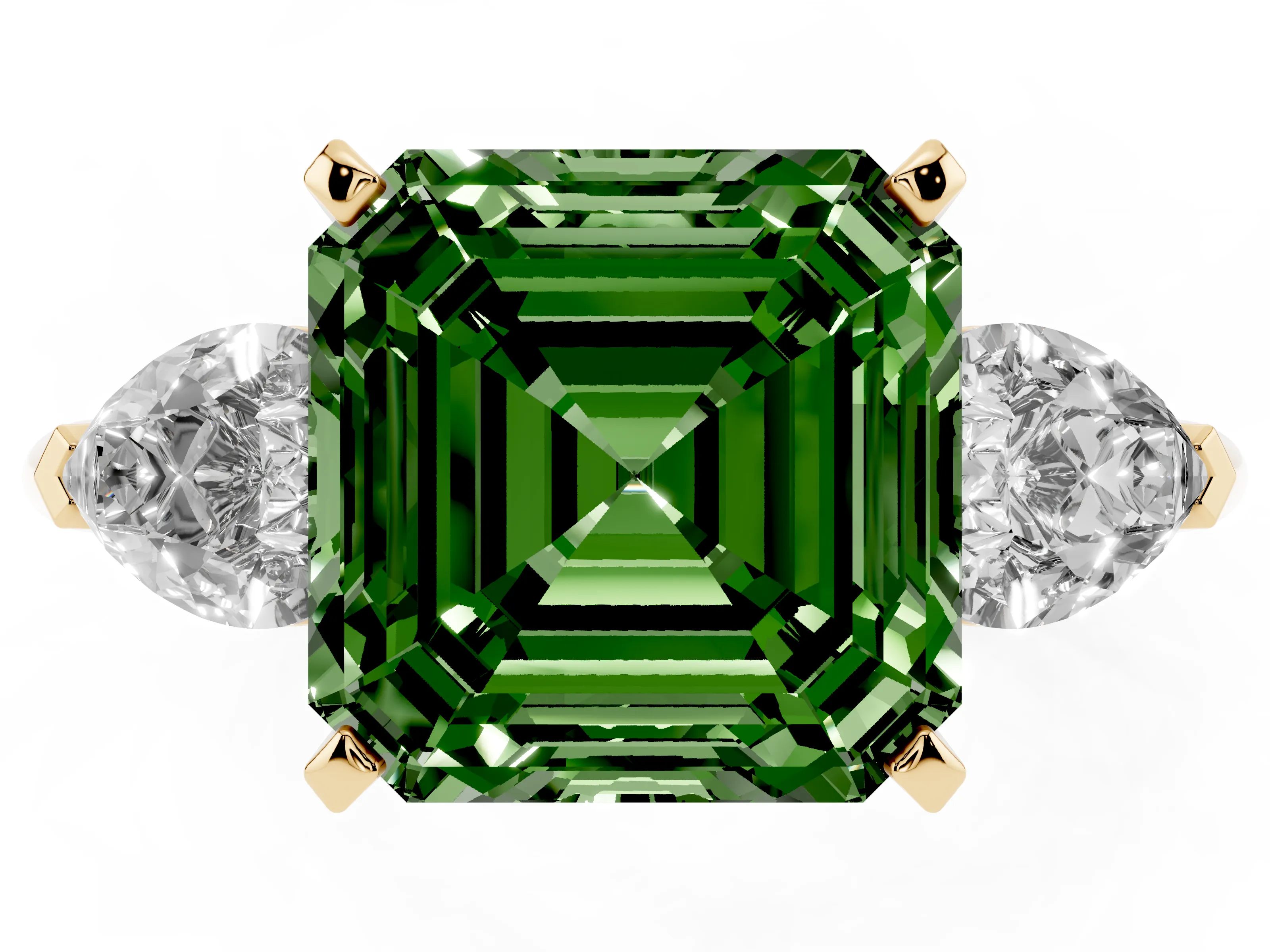 Fancy Green Three-Stone Asscher Cut Diamond Ring Set in Yellow gold with Pear Side Stones and Prong Setting