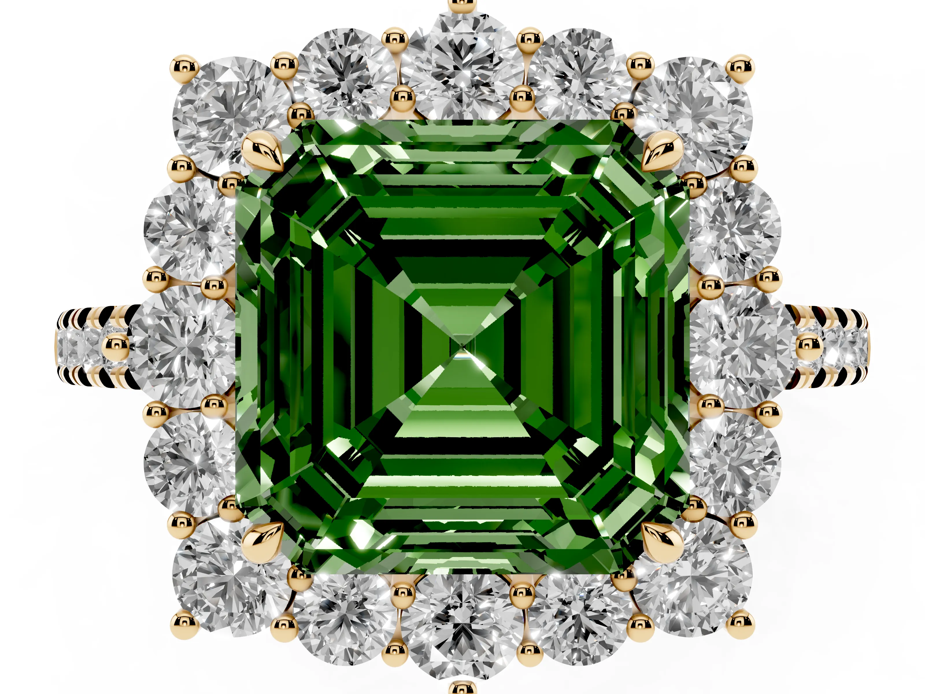 Fancy Green Asscher Cut Diamond Halo Ring Set in Yellow gold with Pavé Band and Prong Setting