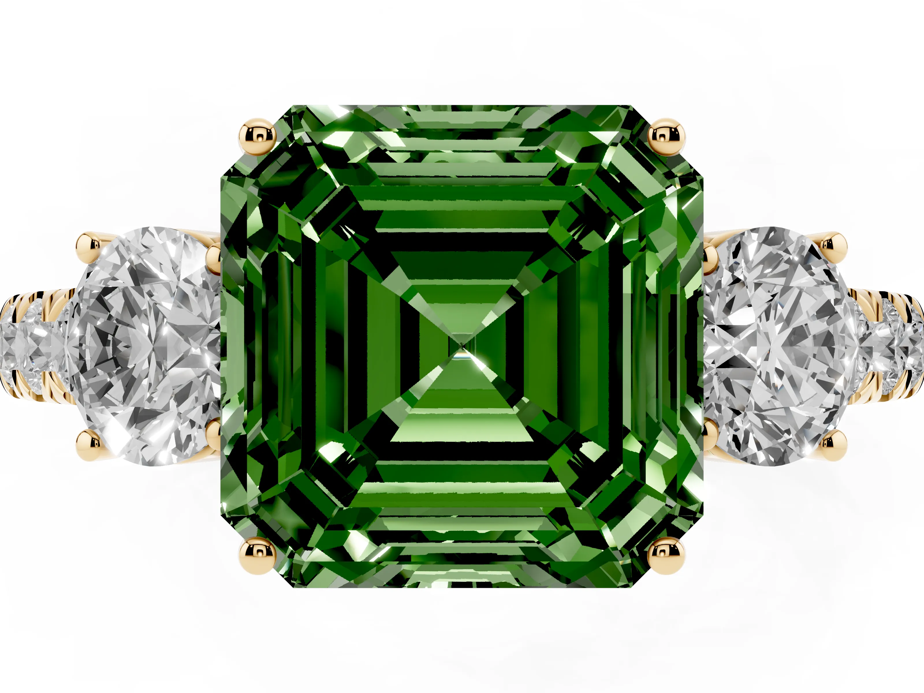 Fancy Green Asscher Cut Diamond Three-Stone Ring Set in Yellow gold with Round Side Stones and Delicate Pavé Band