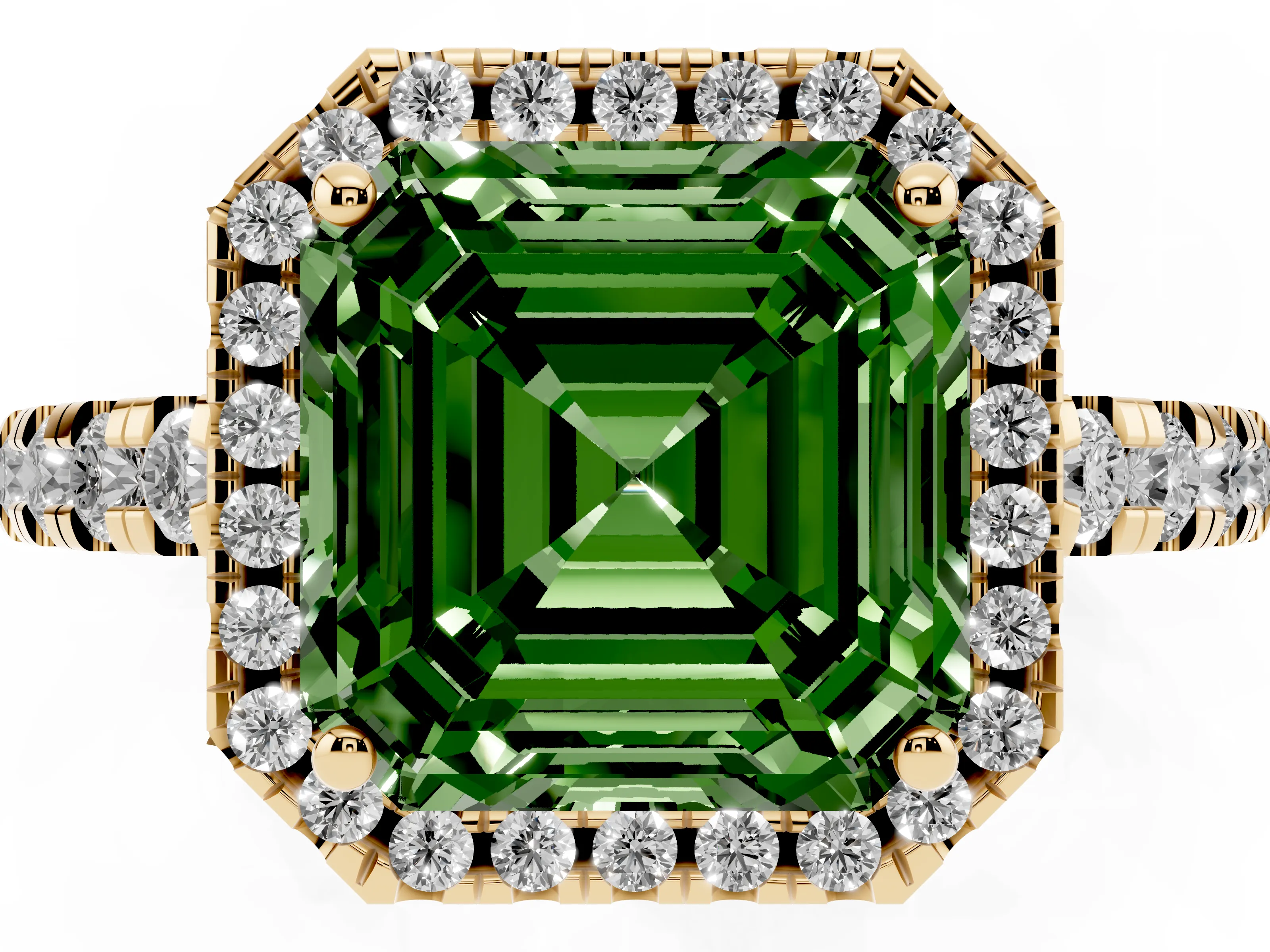 Fancy Green Asscher Cut Diamond Halo Ring Set in Yellow gold with Delicate Pavé Band and Prong Setting