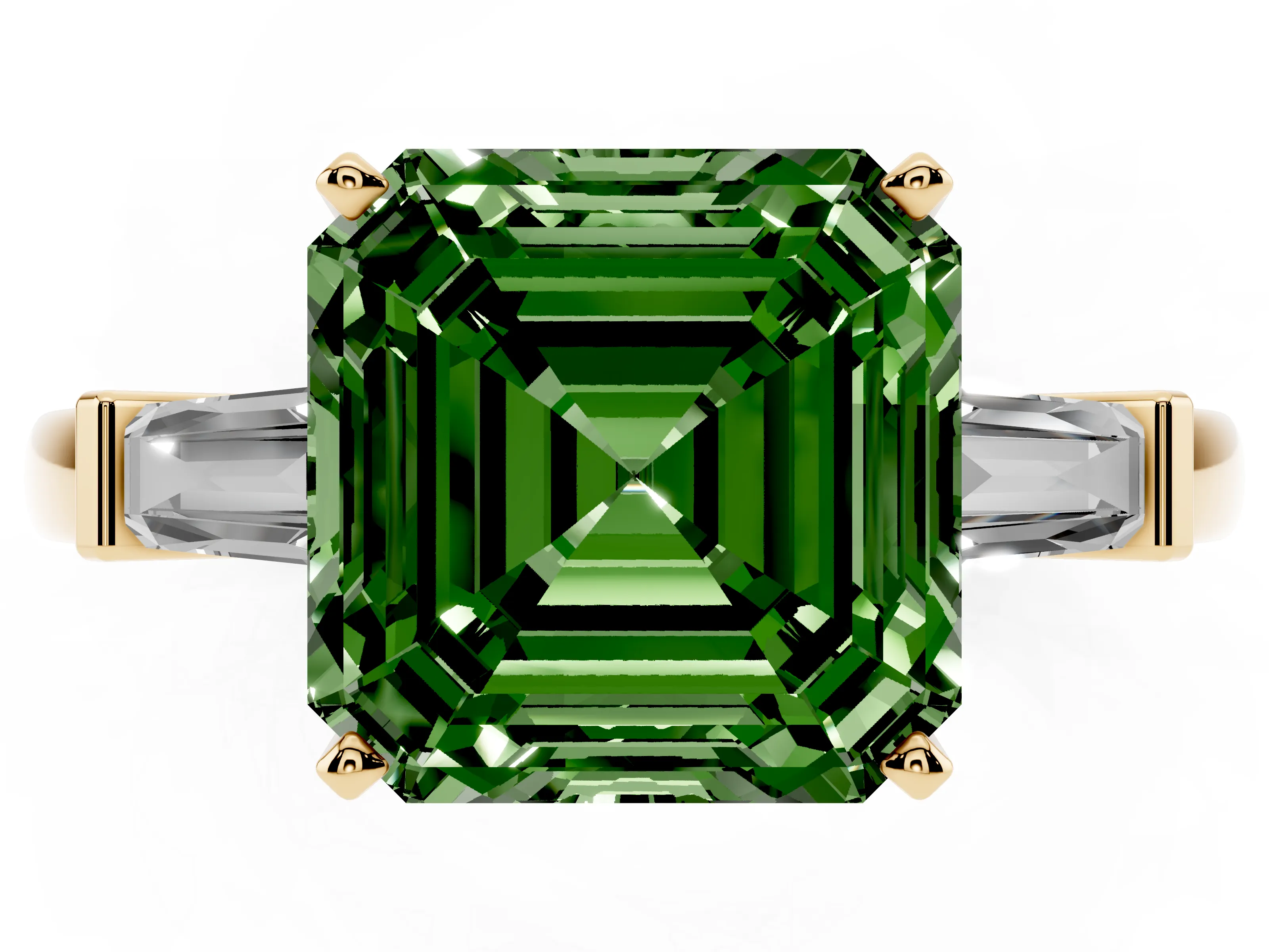 Fancy Green Asscher Cut Diamond Solitaire Ring Set in Yellow gold with Tapered Baguette Accents and Prong Setting