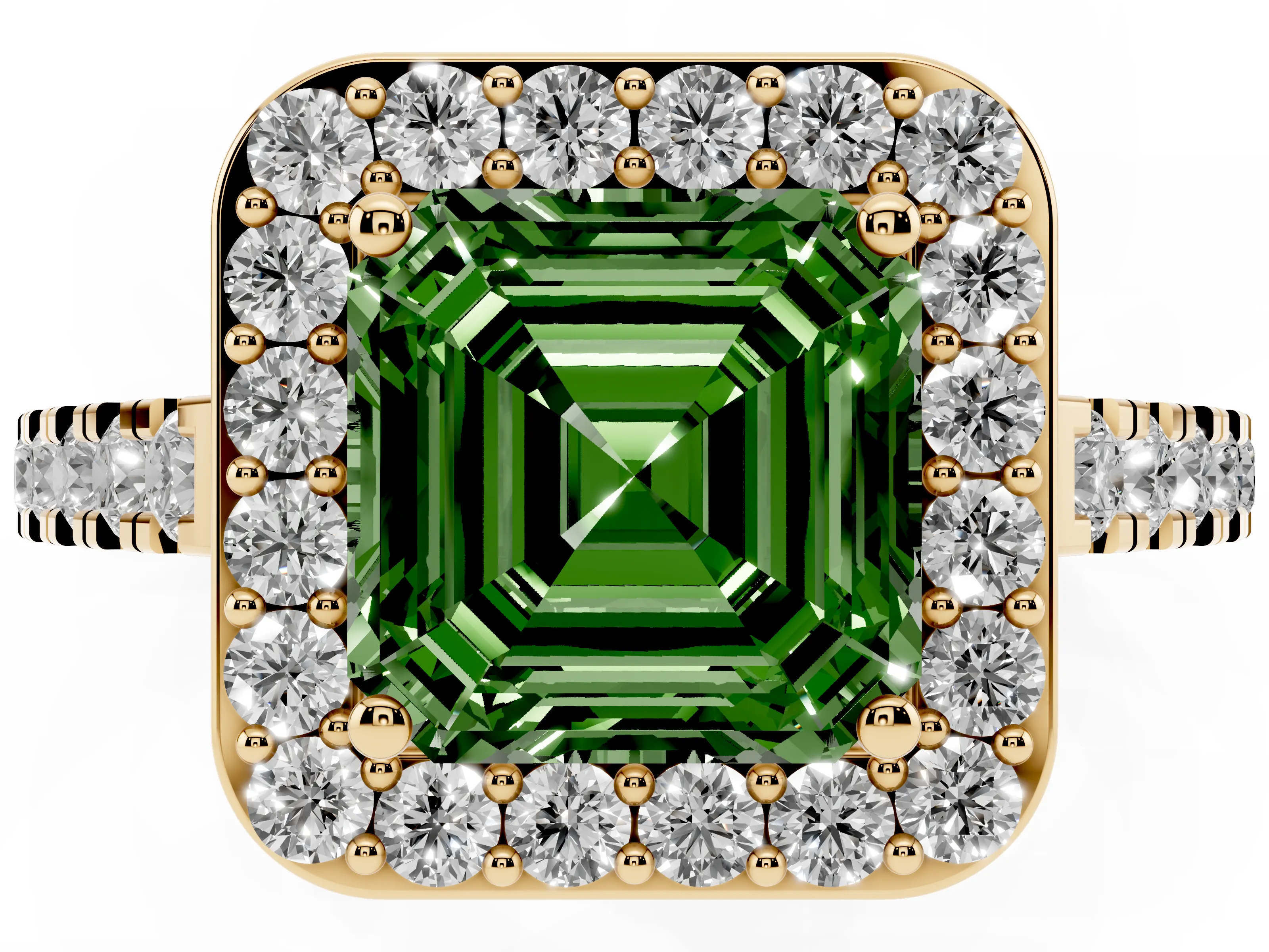 Fancy Green Asscher Cut Diamond Halo Ring Set in Yellow gold with Round Pavé Split Shank and Prong Setting