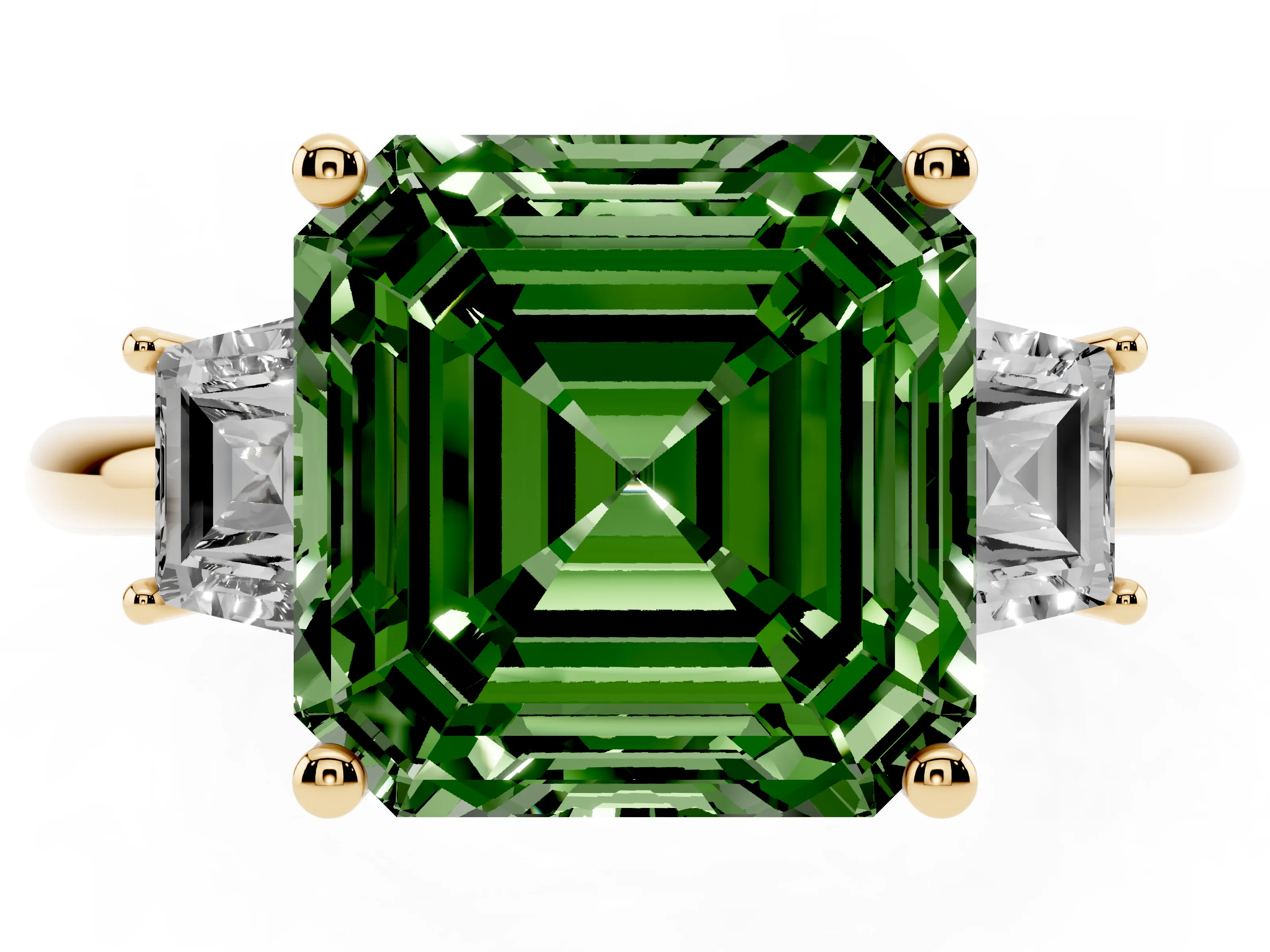 Fancy Green Asscher Cut Diamond Three-Stone Ring Set in Yellow gold with Trapezoid Side Stones and Prong Setting