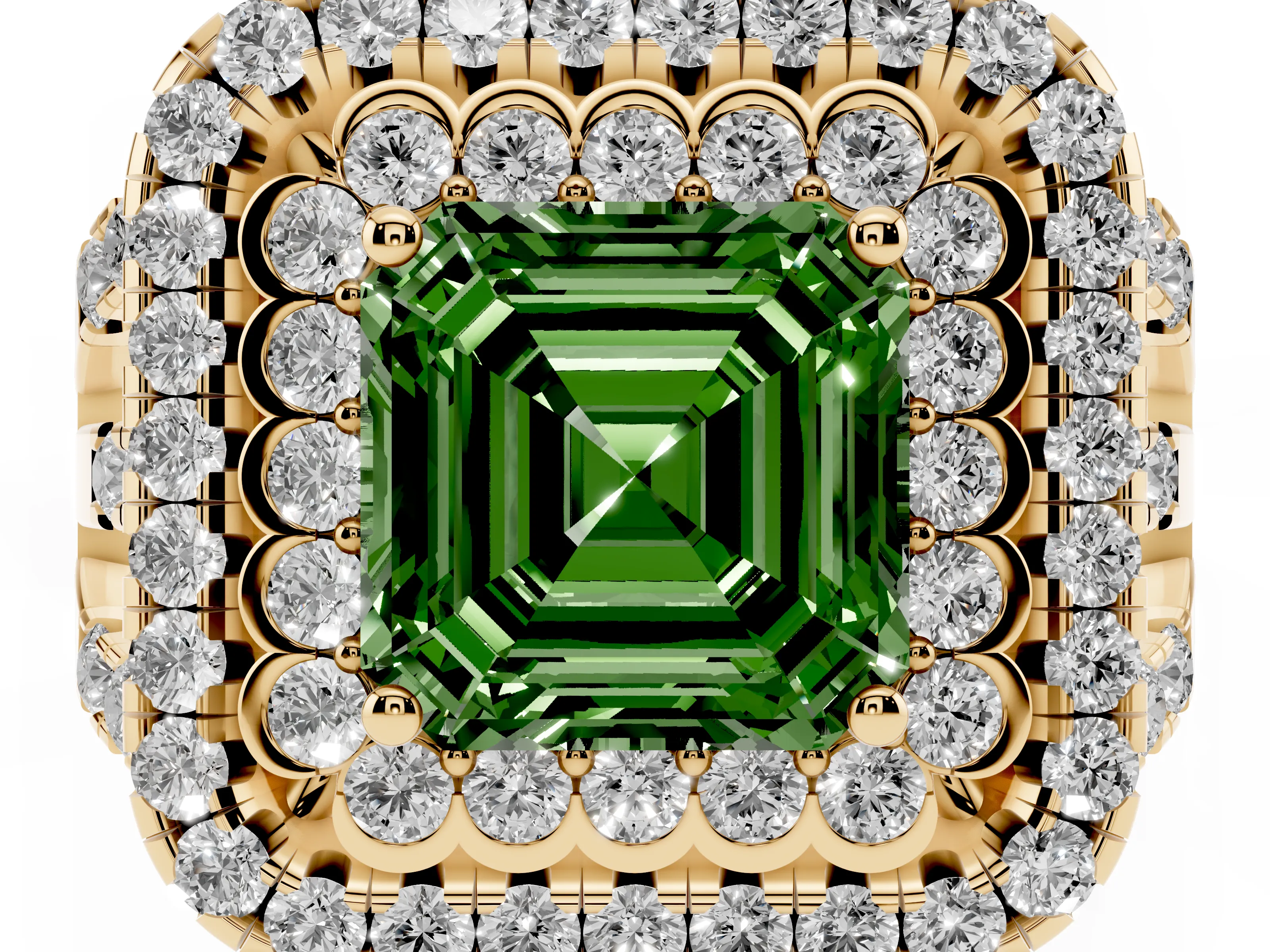 Fancy Green Asscher Cut Diamond Double Halo Ring Set in Yellow gold with Round Pavé Split Shank