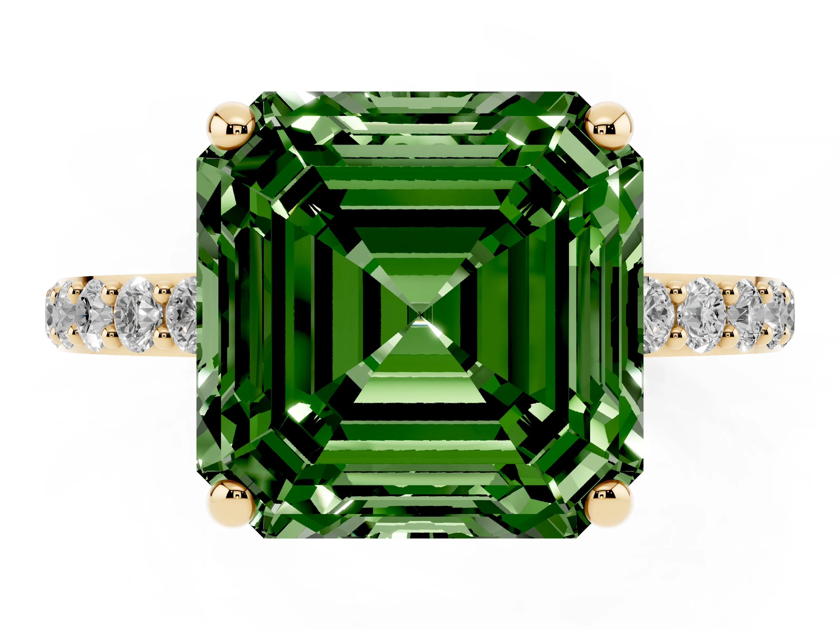 Fancy Green Asscher Cut Diamond Solitaire Ring Set in Yellow gold with Round Pavé Band and Prong Setting