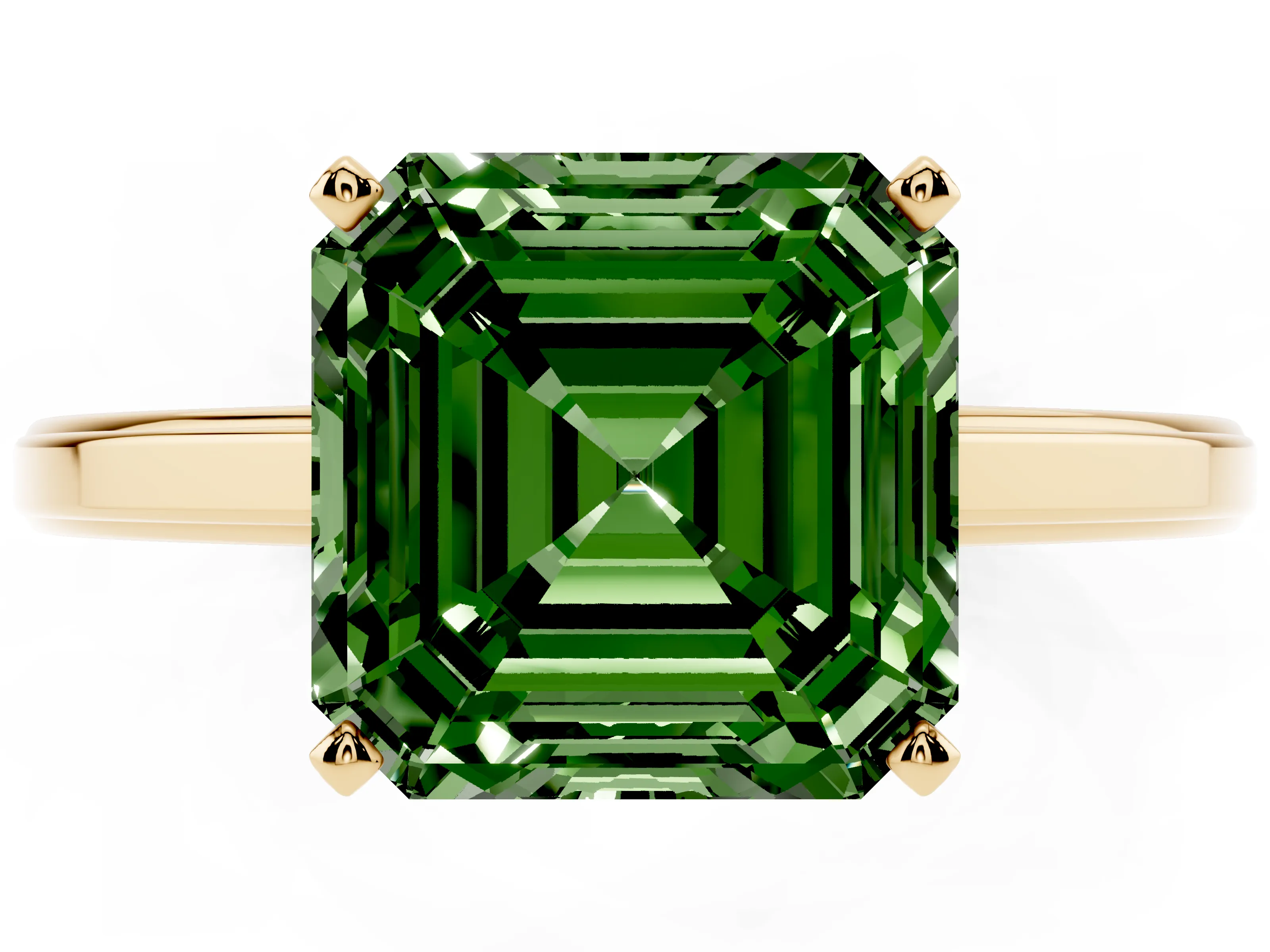 Fancy Green Asscher Cut Diamond Solitaire Ring Set in Yellow gold with Prong Setting and Classic Band