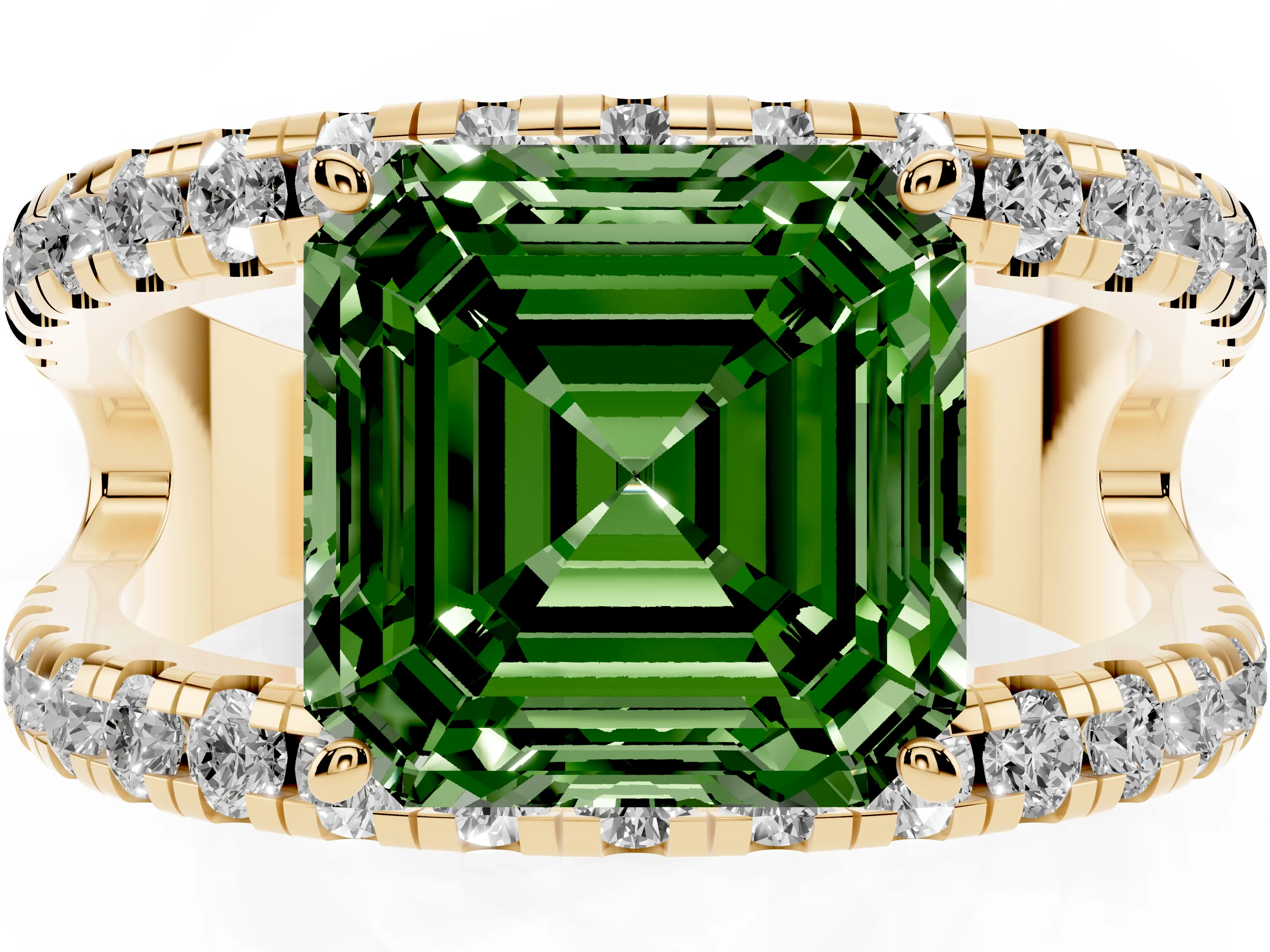 Fancy Green Asscher Cut Diamond Split Shank Pavé Solitaire Ring Set in Yellow gold with Open Shank Design