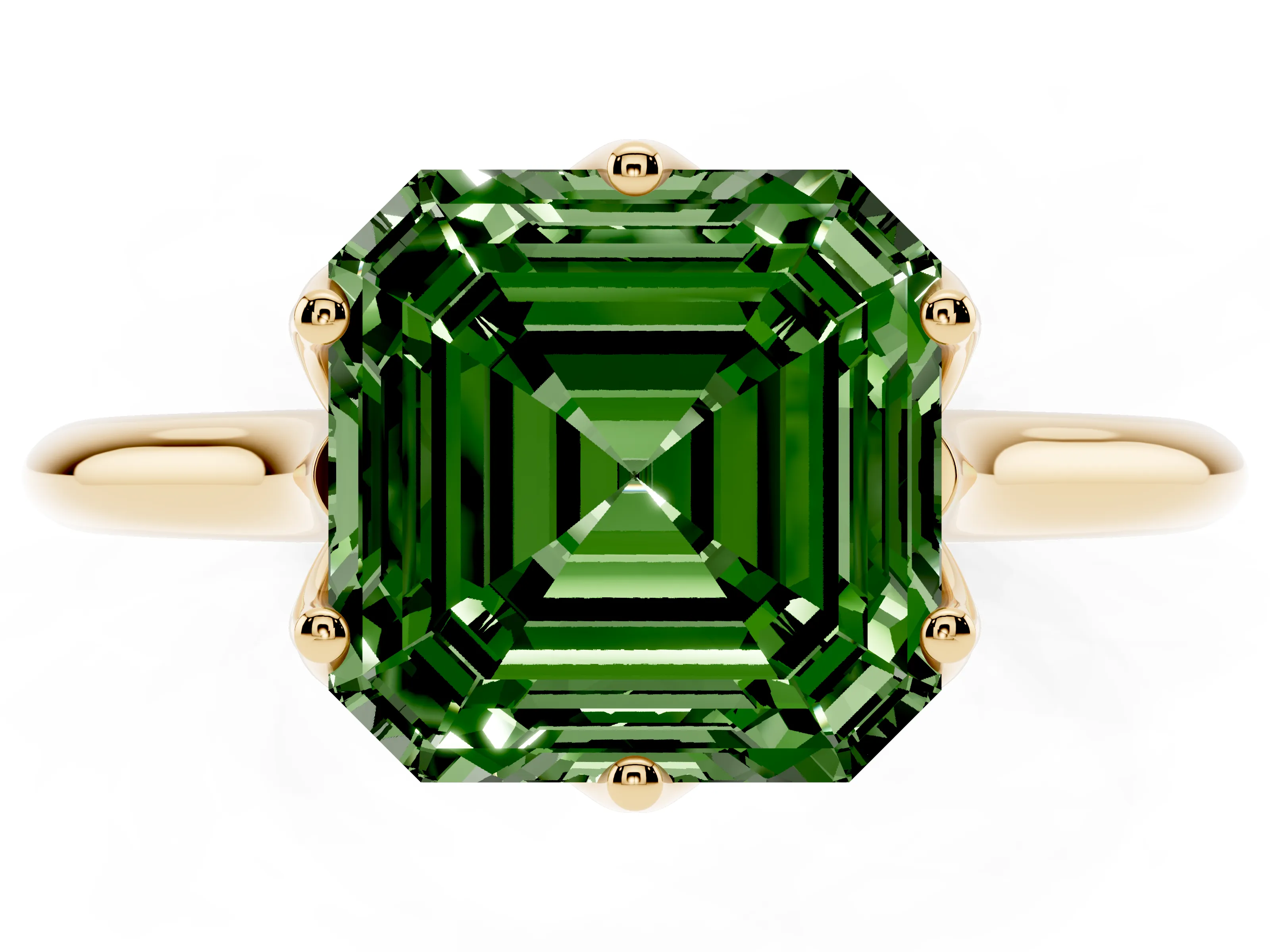 Fancy Green Asscher Cut Diamond Solitaire Cathedral Ring Set in Yellow gold with Prong Setting