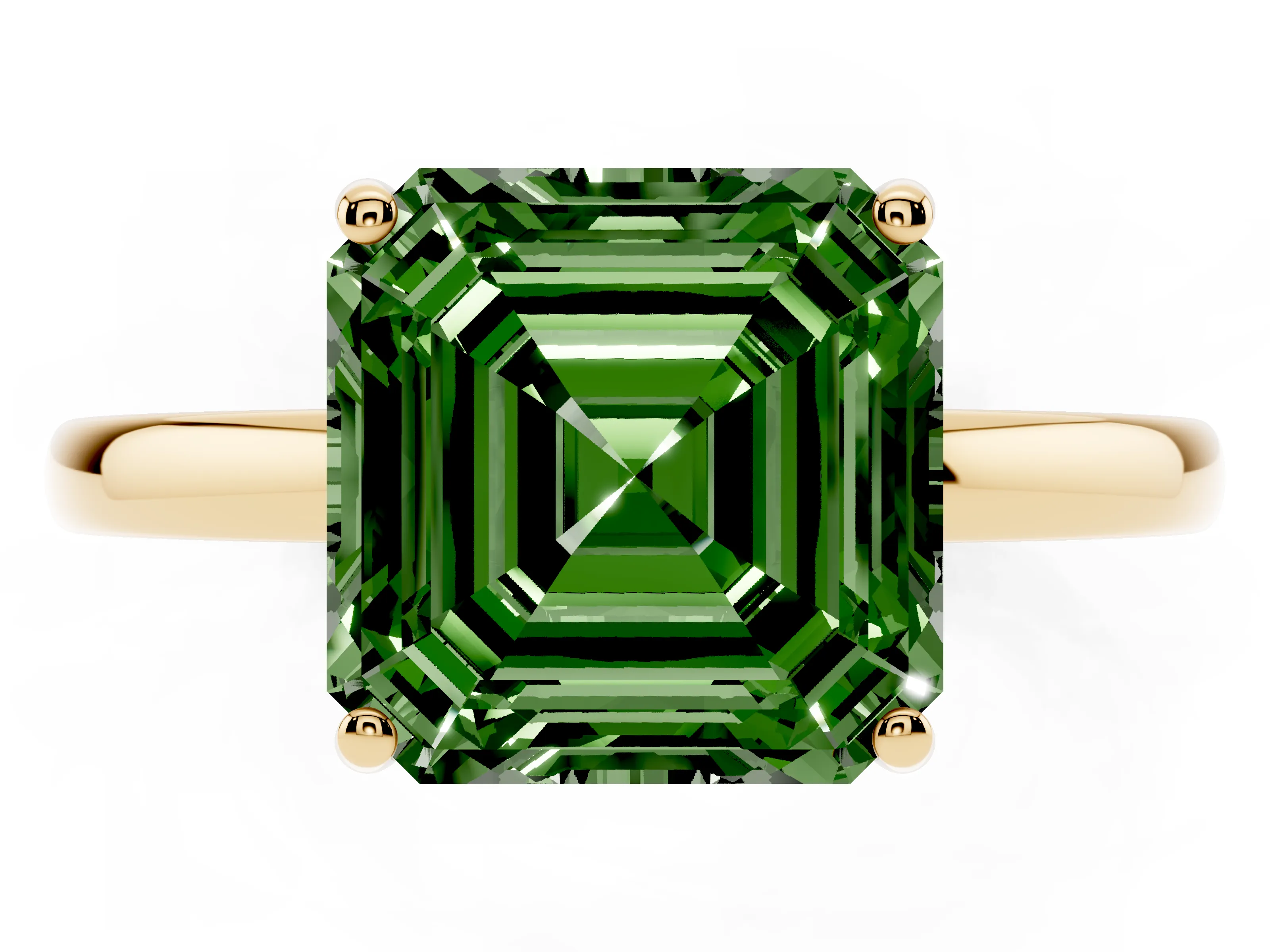 Fancy Green Asscher Cut Diamond Solitaire Ring Set in Yellow gold with Plain Band and Prong Setting