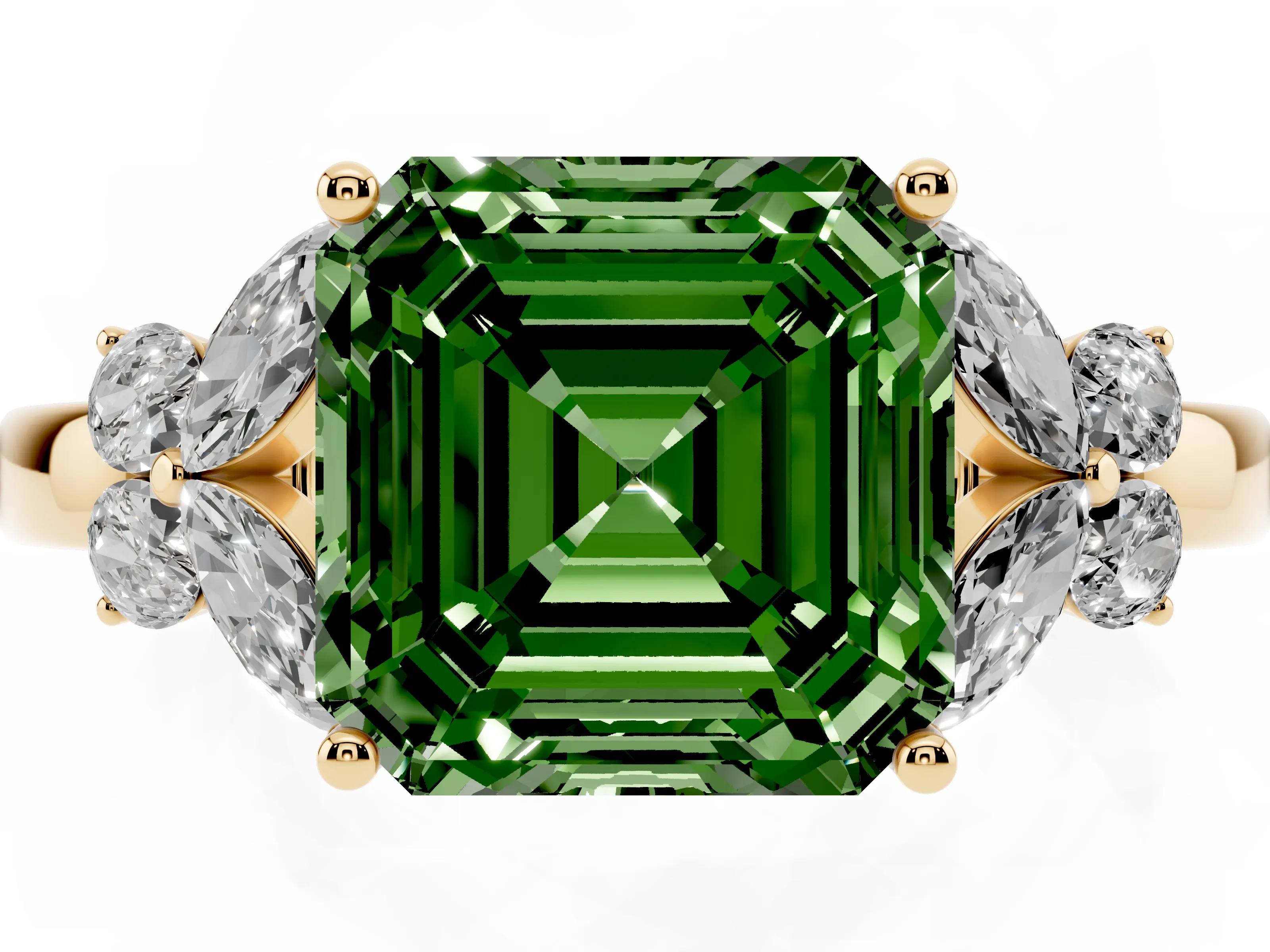 Fancy Green Asscher Cut Diamond Solitaire Floral Ring Set in Yellow gold with Marquise Petals and Prong Setting