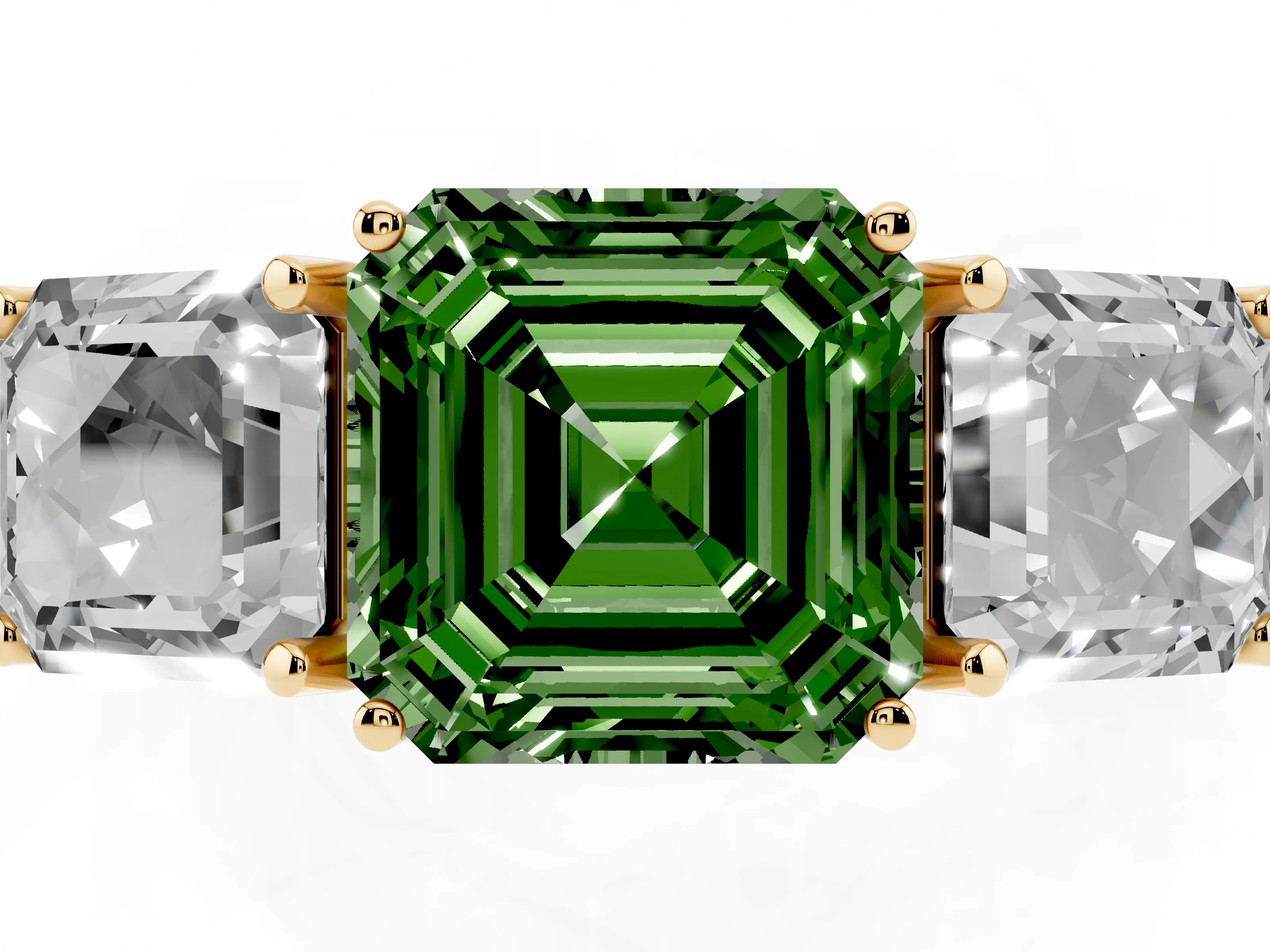 Fancy Green Asscher Cut Diamond Three-Stone Engagement Ring Set in Yellow gold with Milgrain Pavé Band