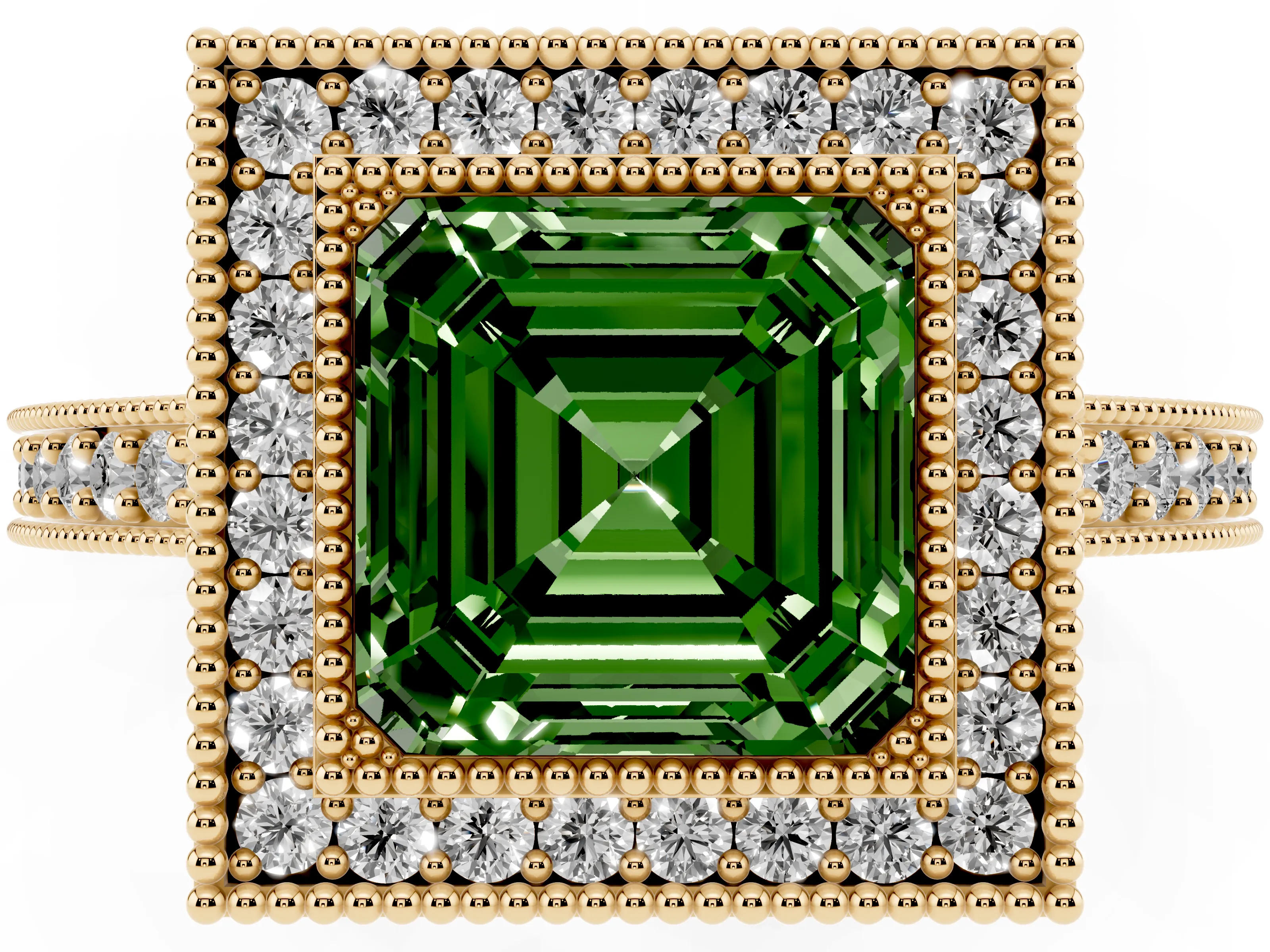 Fancy Green Asscher Cut Diamond Halo Engagement Ring Set in Yellow gold with Pavé Band and Round Halo Stones
