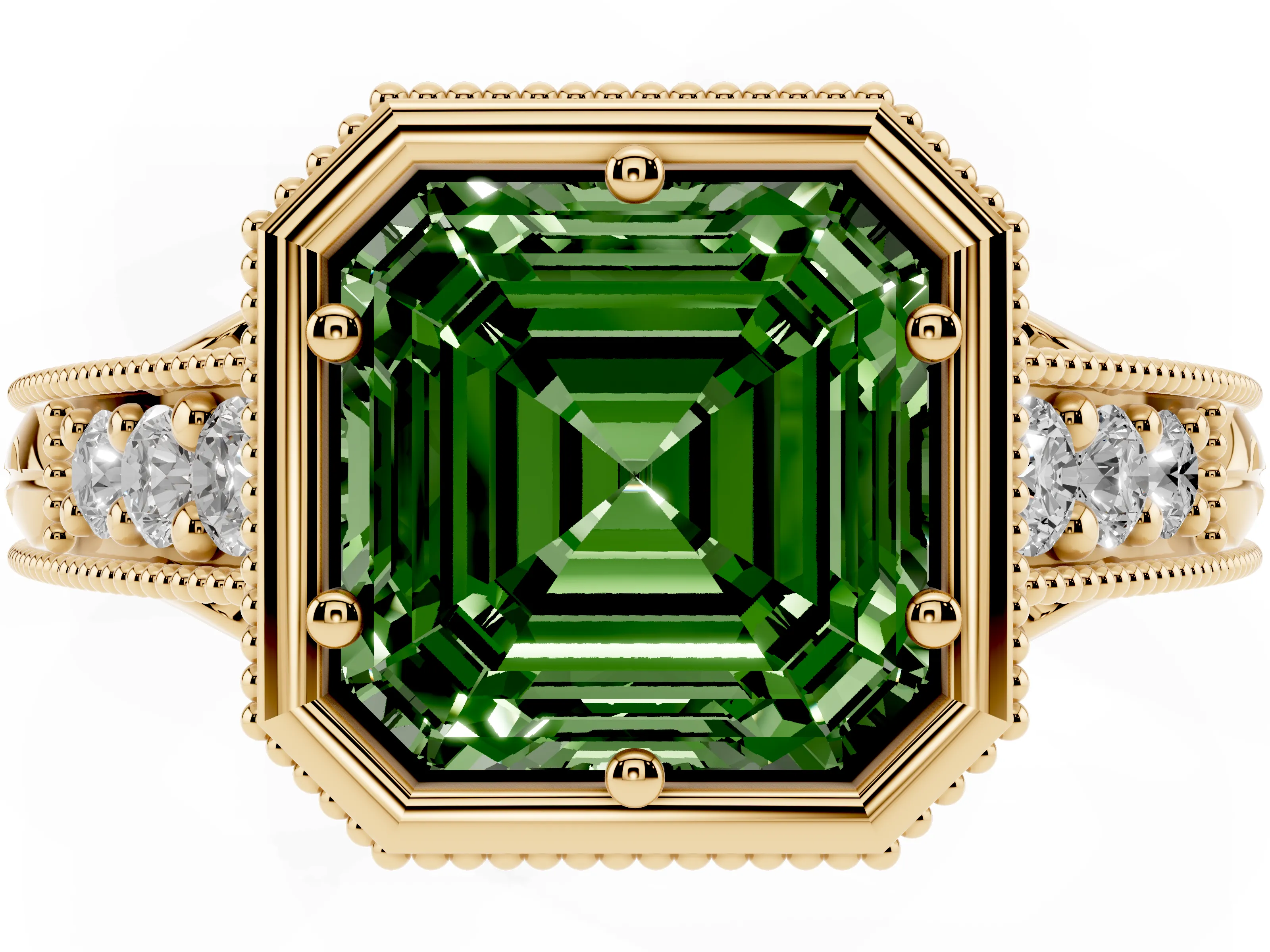 Fancy Green Bezel Set Asscher Cut Diamond Milgrain Pavé Engagement Ring Set in Yellow gold