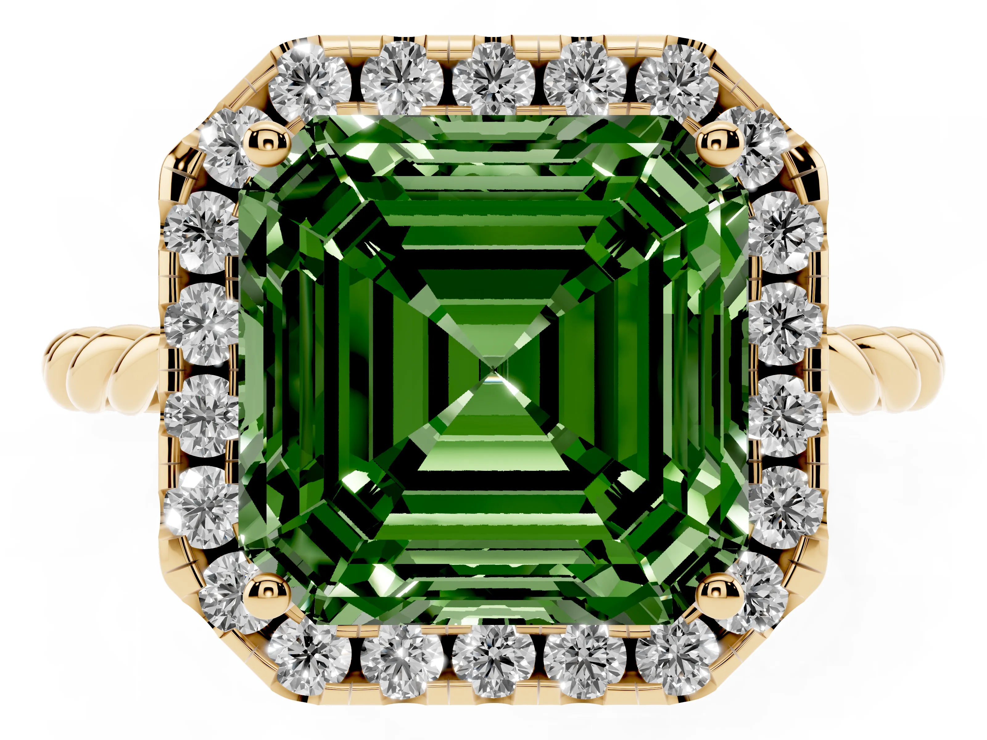 Fancy Green Asscher Cut Diamond Halo Ring Set in Yellow gold with Plain Twisted Band