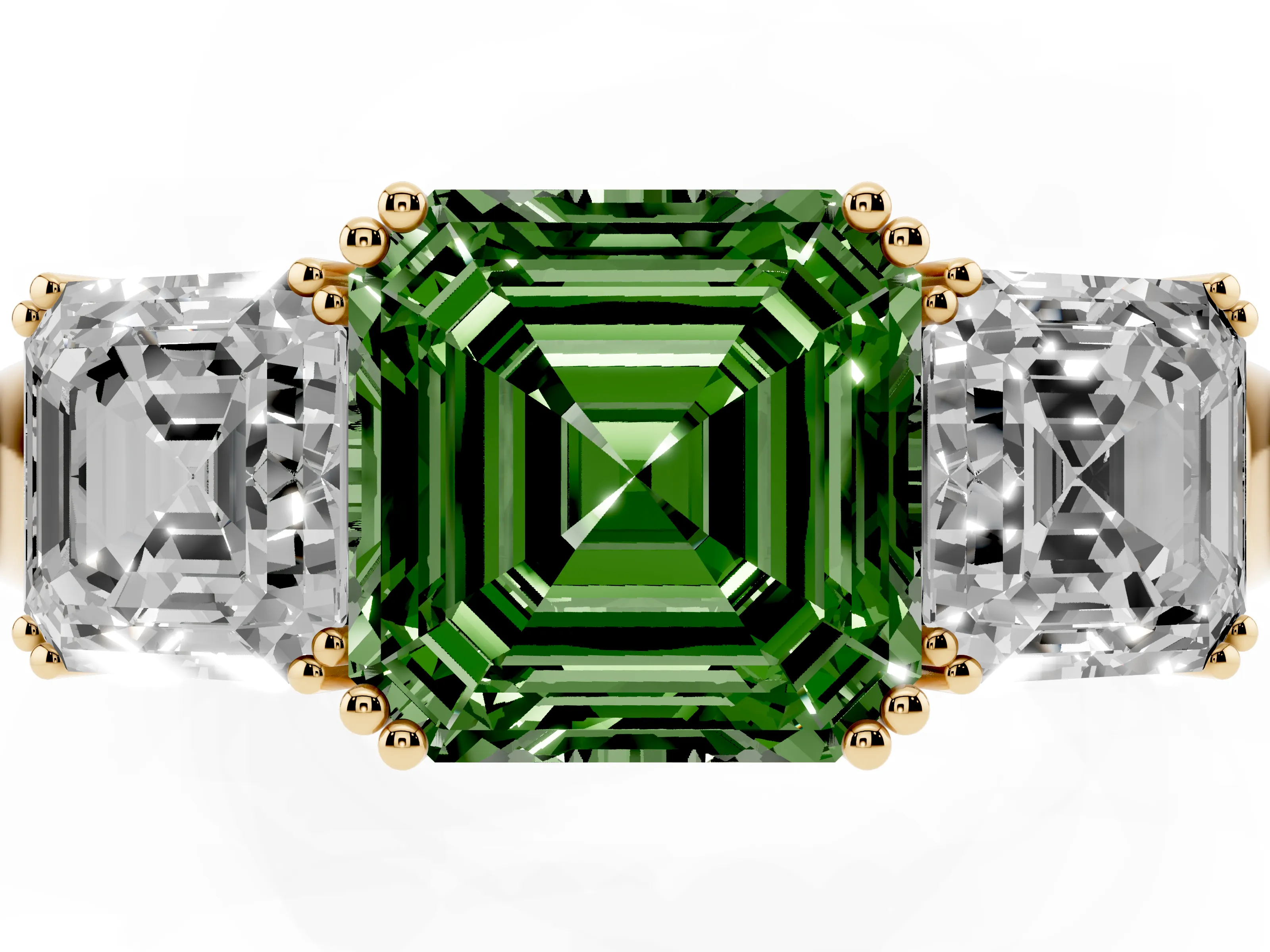 Fancy Green Asscher Cut Diamond Three-Stone Ring Set in Yellow gold with Polished Band and Prong Setting