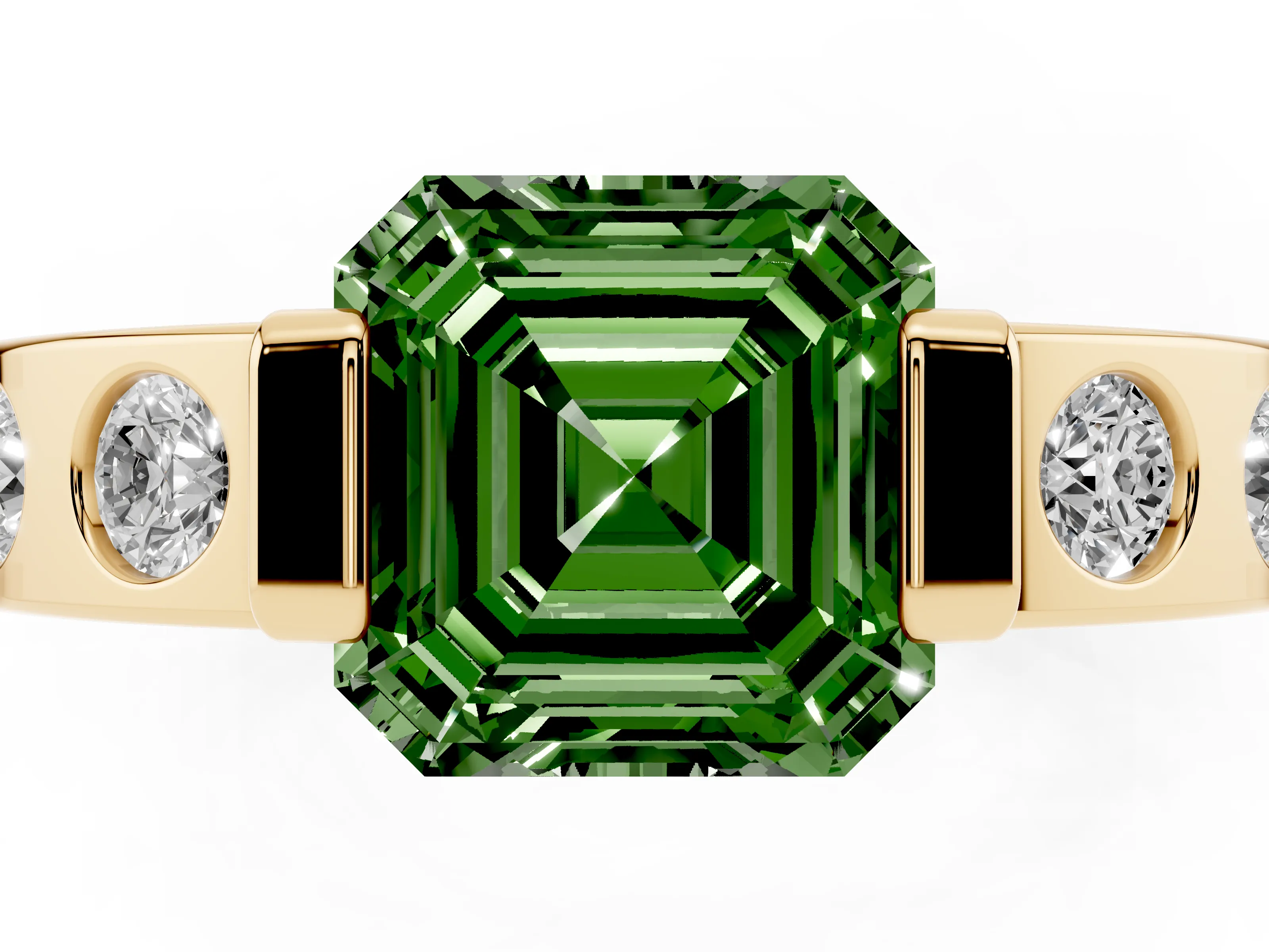 Fancy Green Asscher Cut Diamond Channel-Set Band Ring Set in Yellow gold with Bezel Prong Setting
