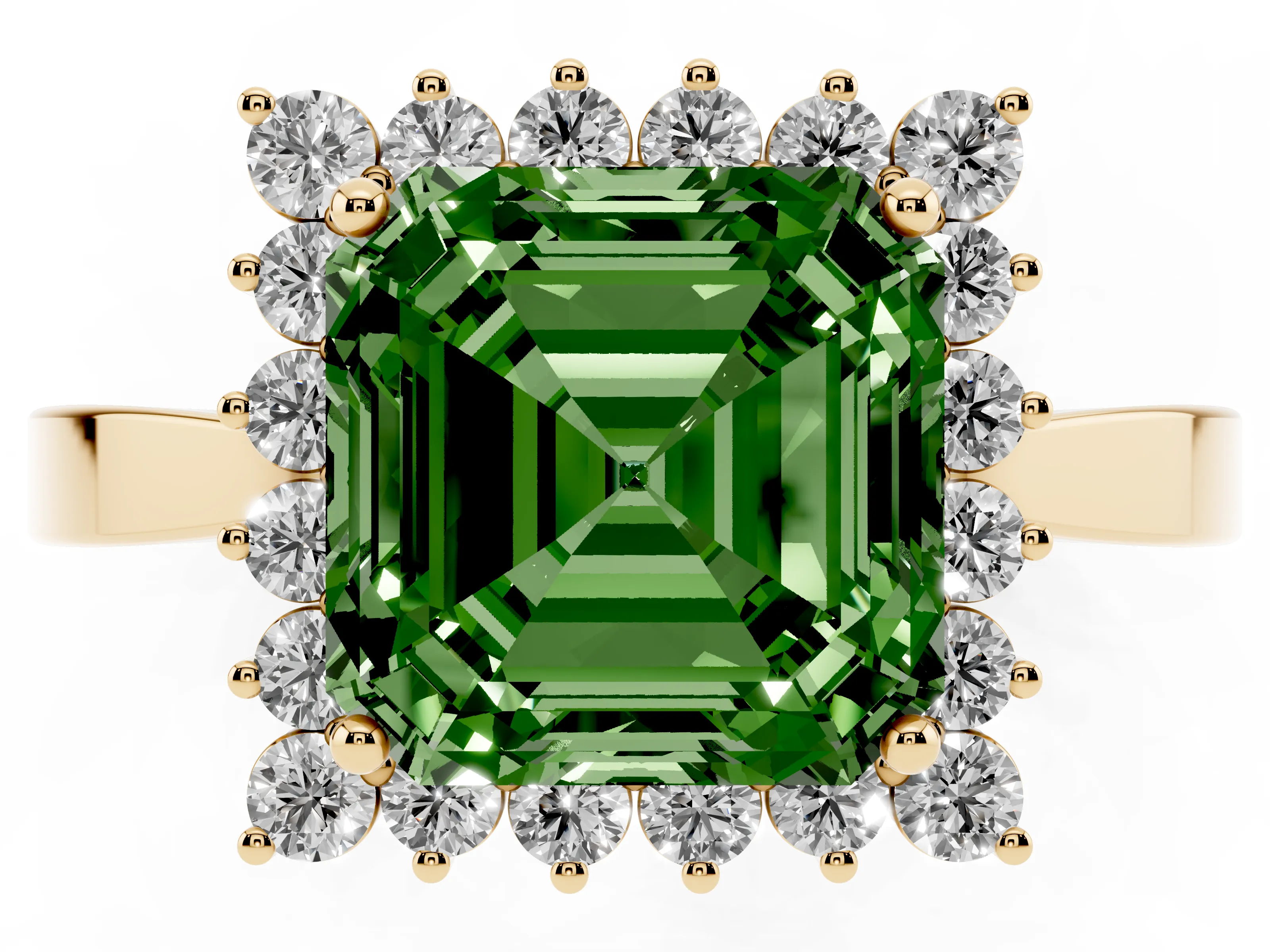 Fancy Green Asscher Cut Diamond Halo Ring Set in Yellow gold with Round Halo and Smooth Solitaire Band