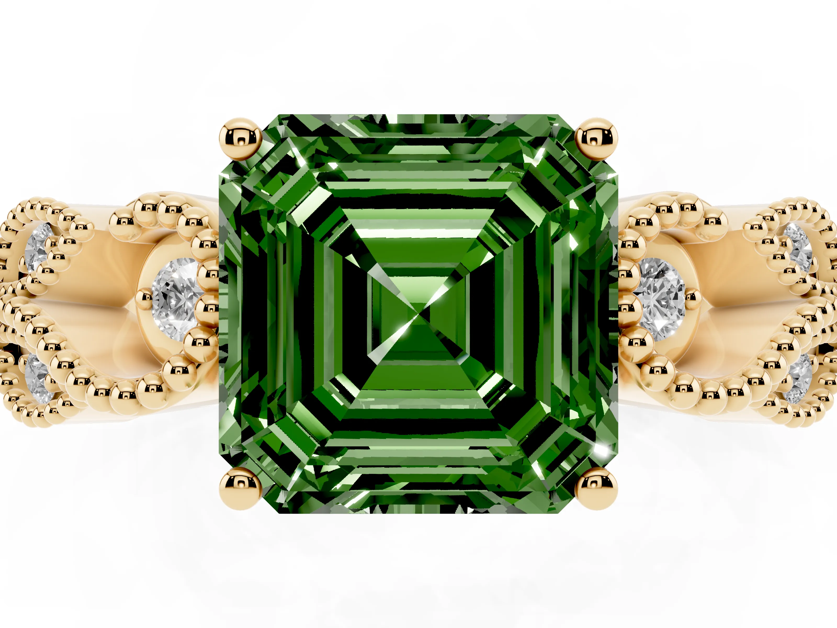 Fancy Green Asscher Cut Diamond Milgrain Leaf Band Solitaire Ring Set in Yellow gold with Accent Stones and Prong Setting