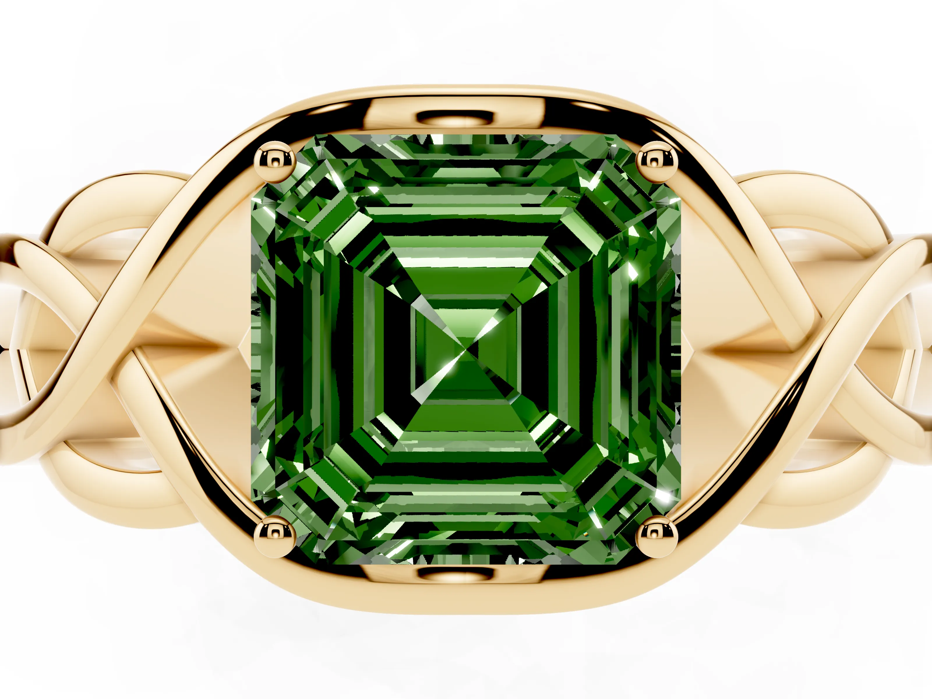 Fancy Green Asscher Cut Diamond Solitaire Ring Set in Yellow gold with Intertwined Band