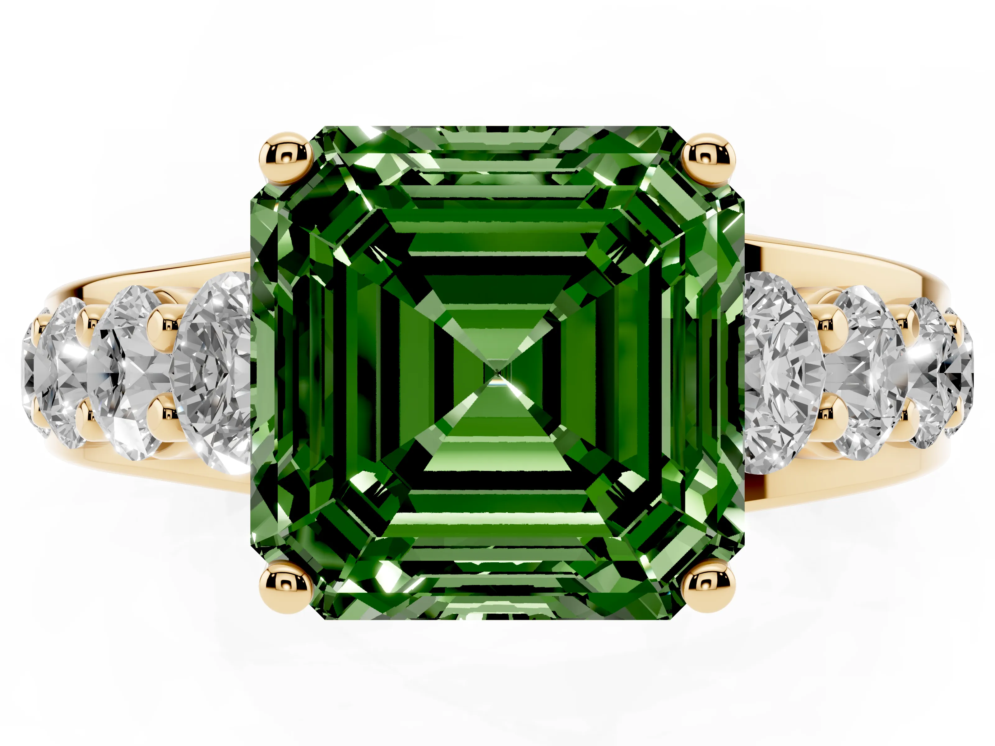 Fancy Green Asscher Cut Diamond Pavé Engagement Ring Set in Yellow gold with Prong Setting