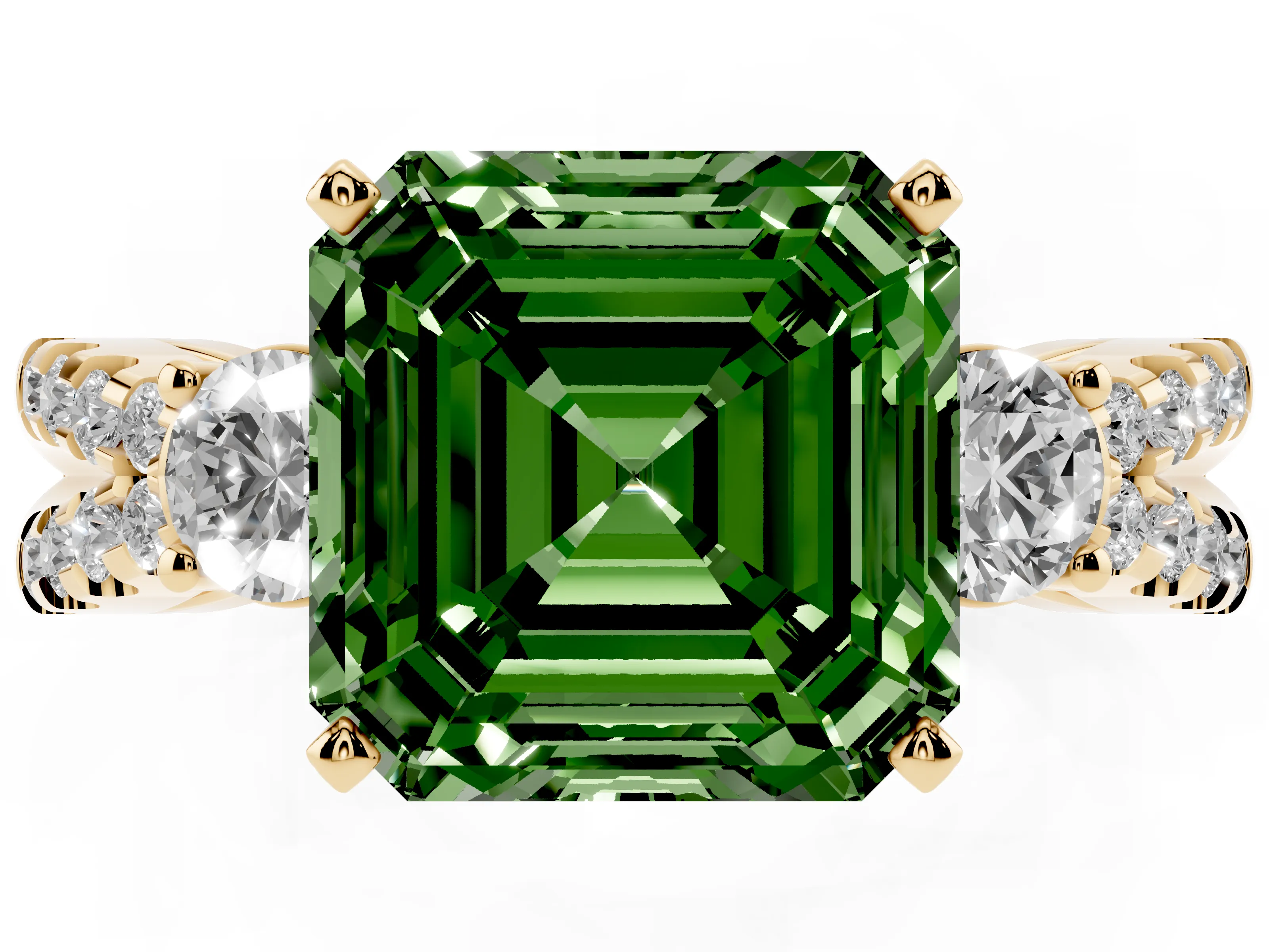 Fancy Green Asscher Cut Diamond Three-Stone Ring Set in Yellow gold with Pavé Split Shank and Prong Setting