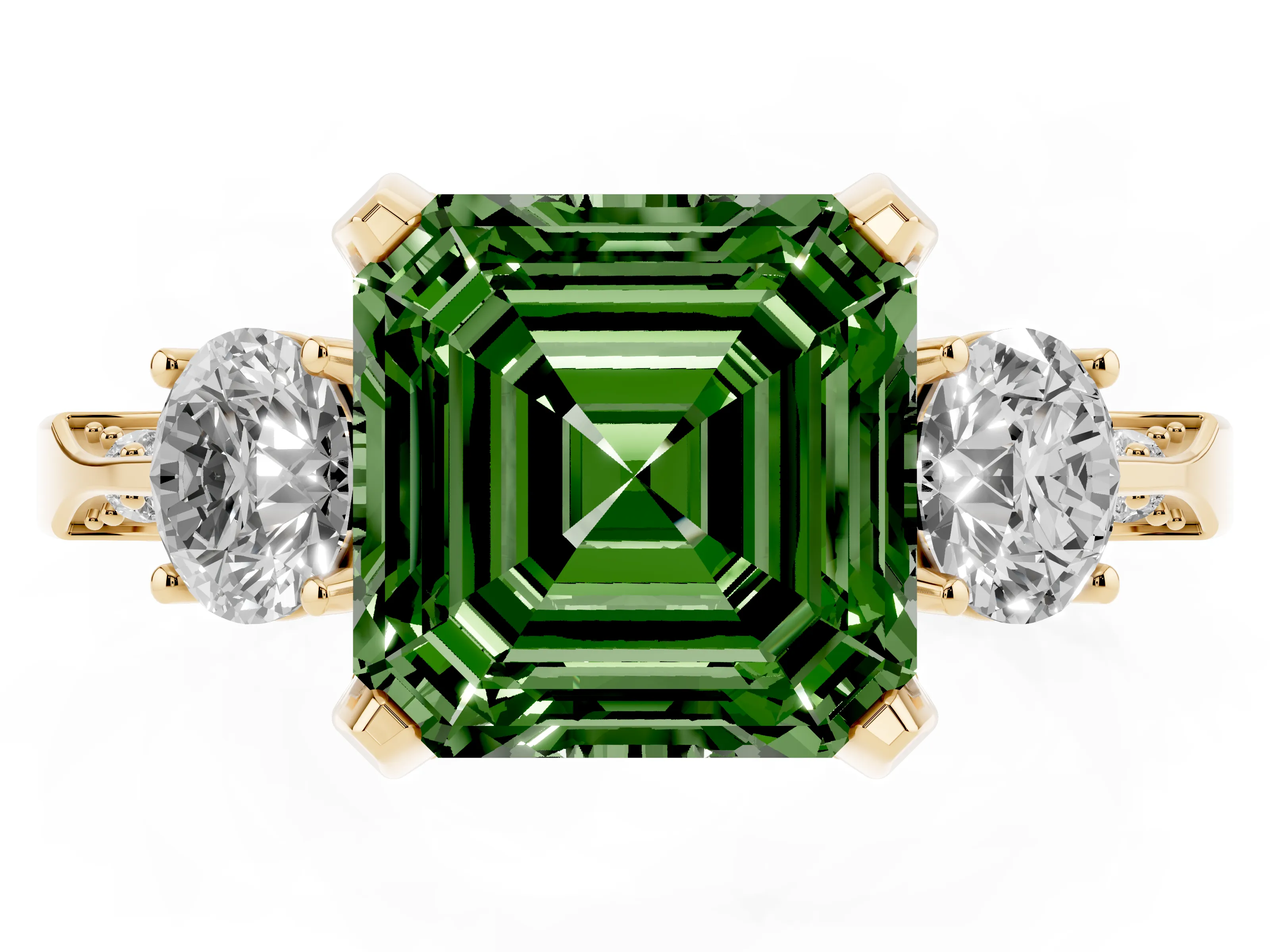 Fancy Green Asscher Cut Diamond Three-Stone Ring Set in Yellow gold with Pavé Band and Smaller Side Stones