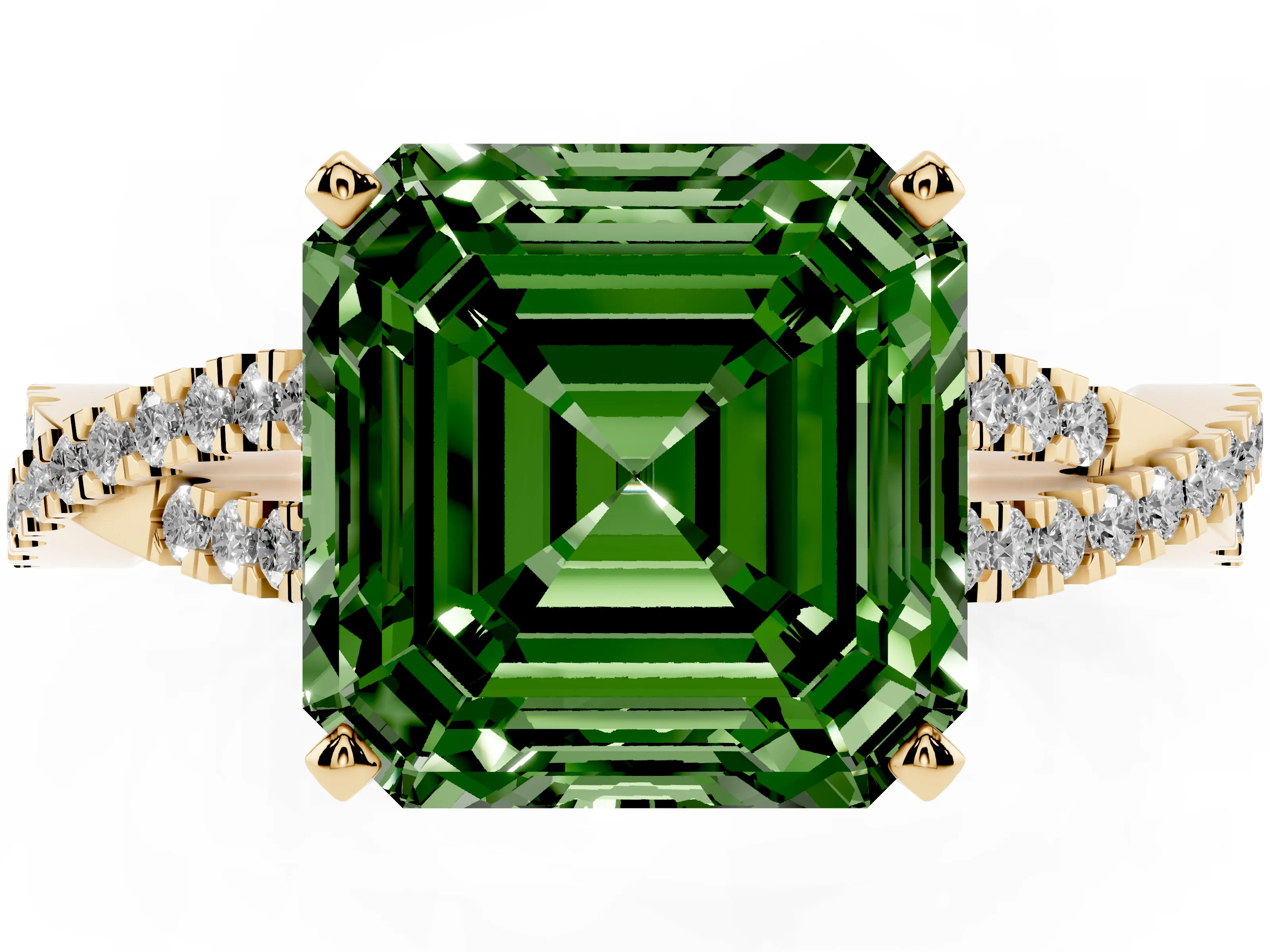 Fancy Green Asscher Cut Diamond Solitaire Engagement Ring Set in Yellow gold with Twisted Pavé Band and Prong Setting