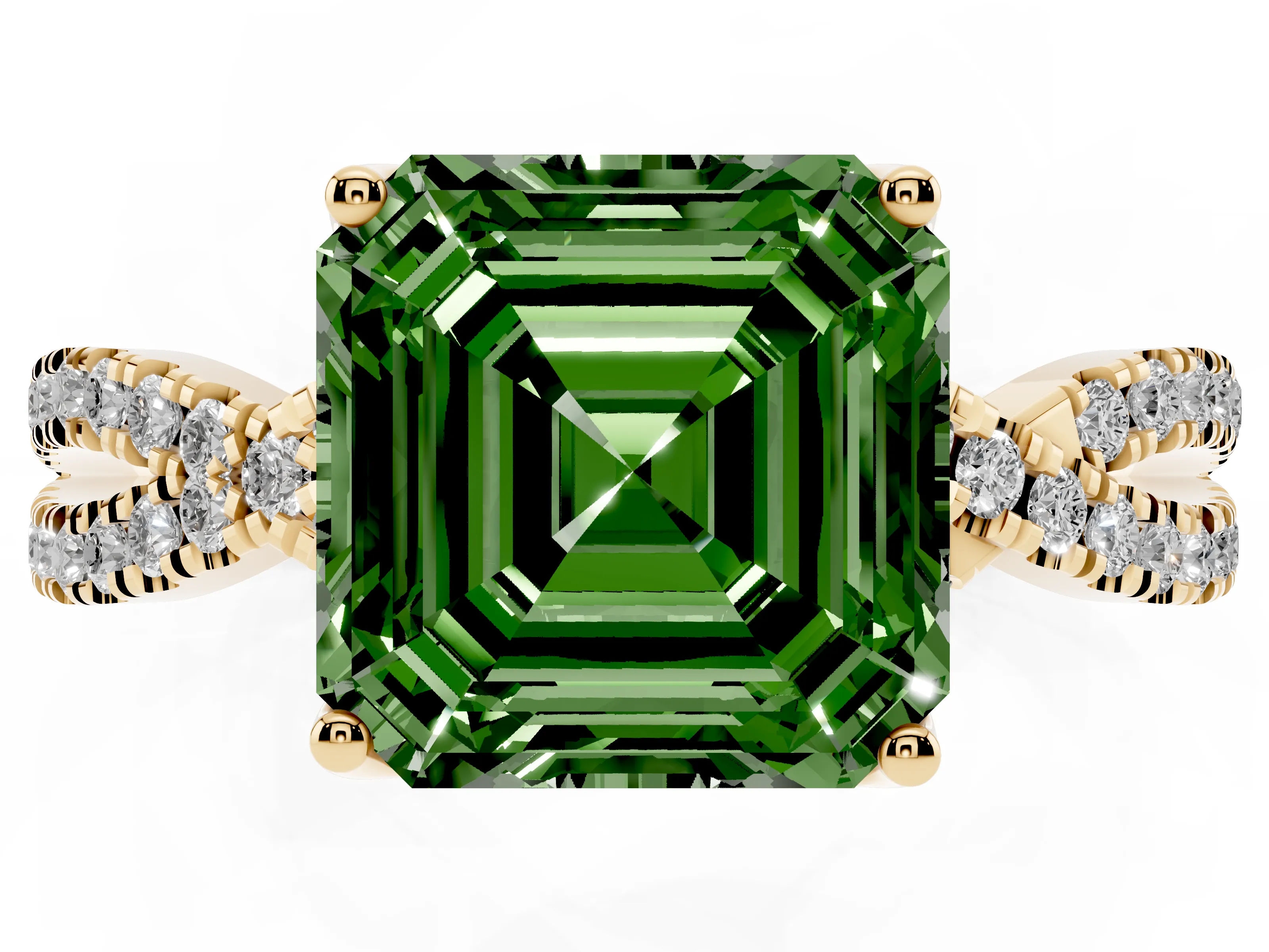 Fancy Green Asscher Cut Diamond Twist Pavé Solitaire Engagement Ring Set in Yellow gold with Prong Setting