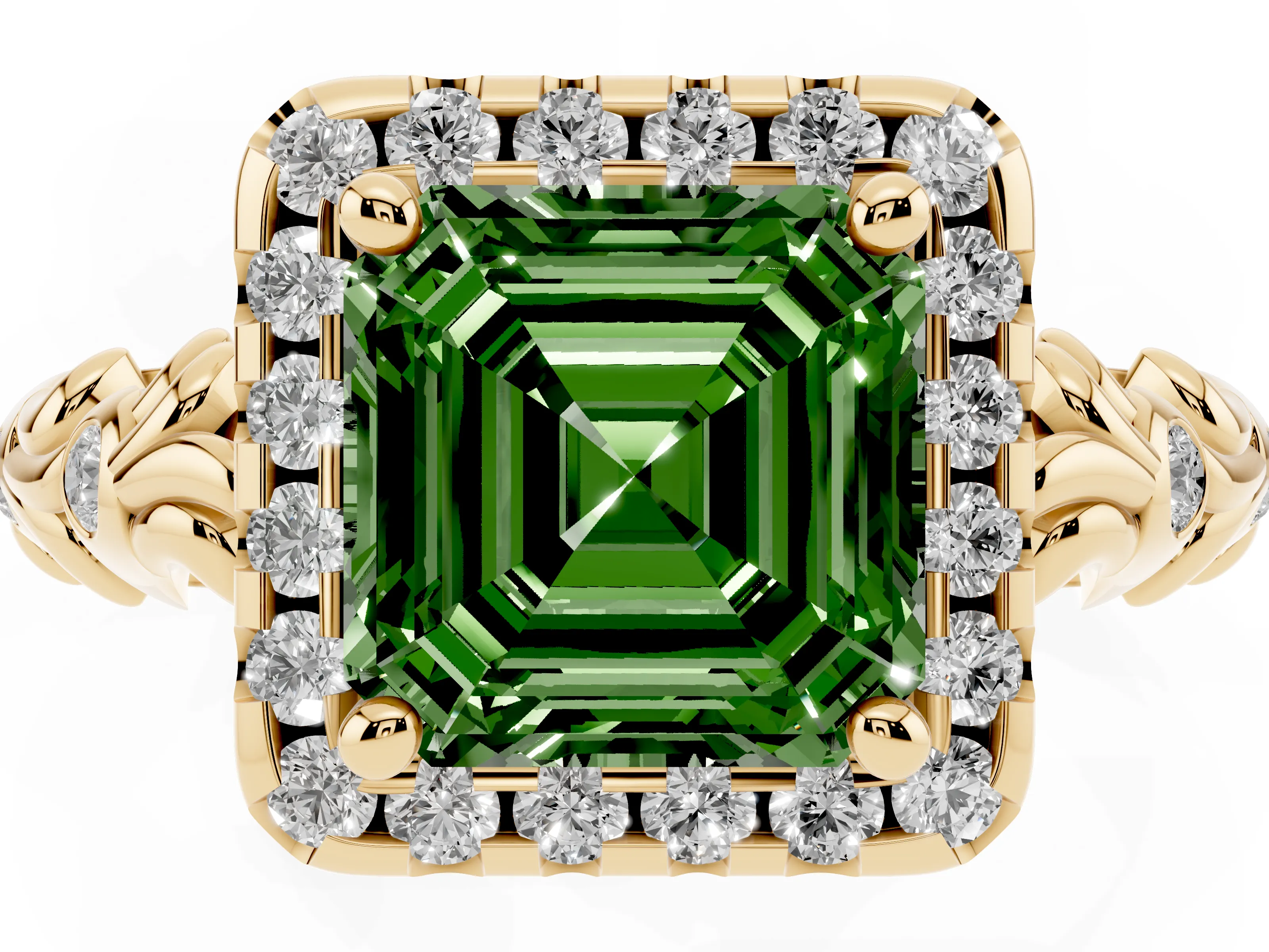 Fancy Green Asscher Cut Diamond Halo Ring Set in Yellow gold with Filigree Leaf Band and Prong Setting