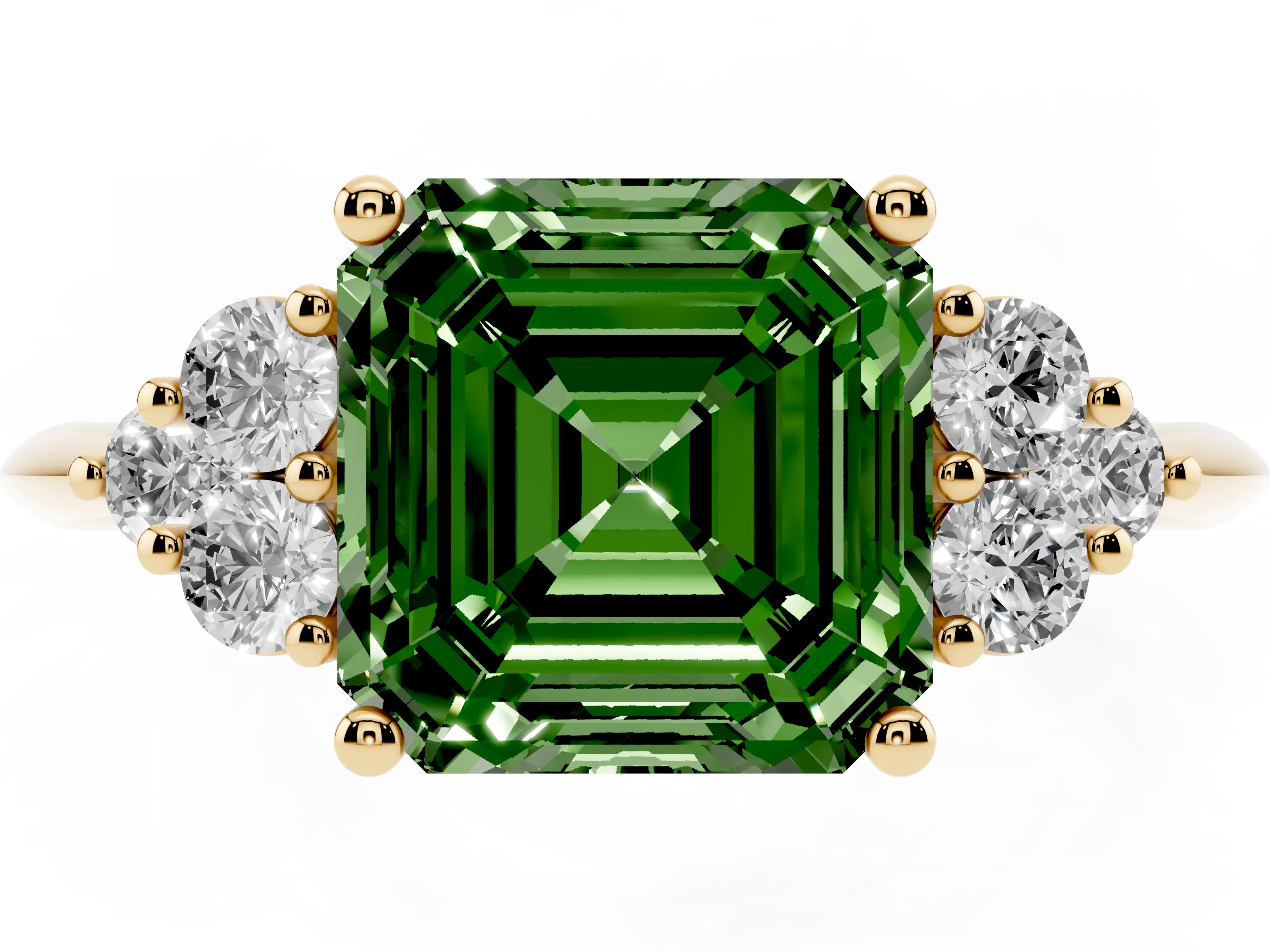 Fancy Green Asscher Cut Diamond Cluster Ring Set in Yellow gold with Plain Band and Prong Setting