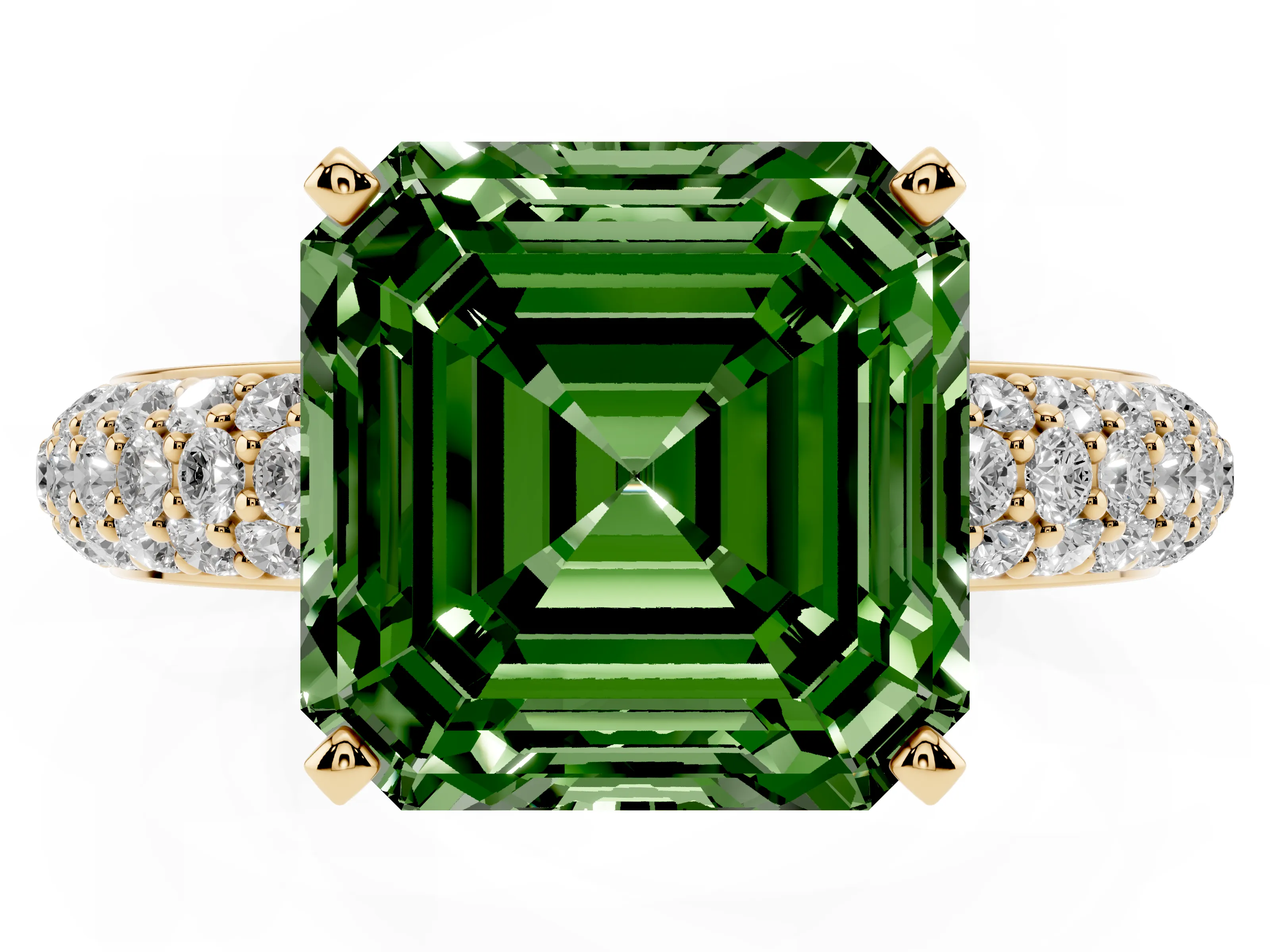 Fancy Green Asscher Cut Diamond Solitaire Ring Set in Yellow gold with Prong Setting and Pavé-Set Band