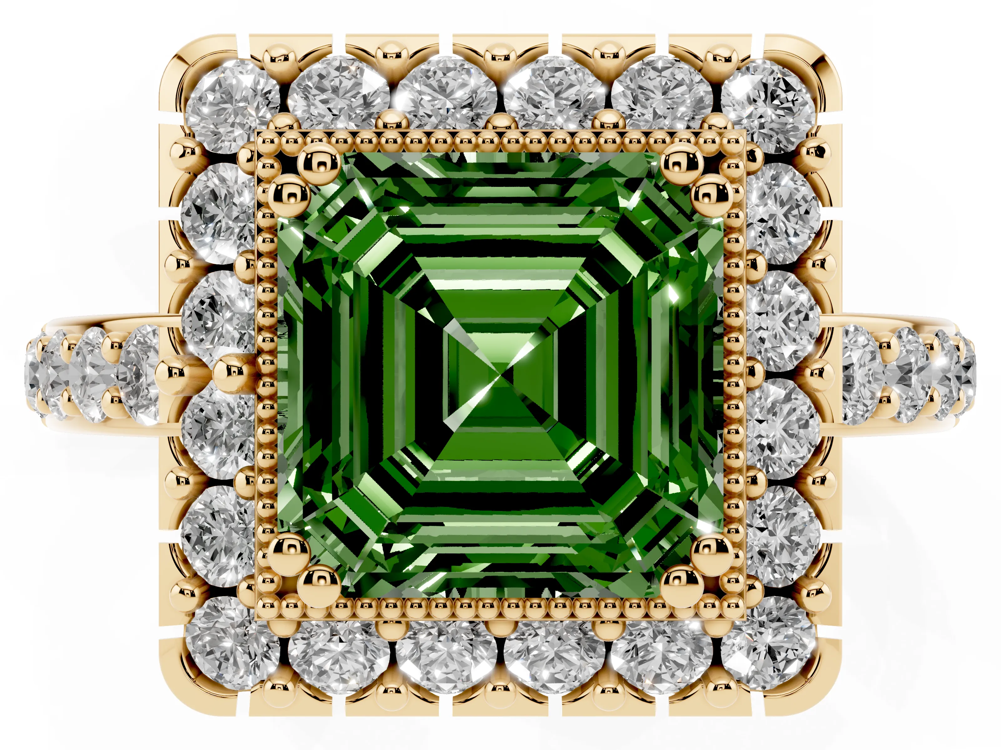 Fancy Green Asscher Cut Diamond Halo Ring Set in Yellow gold with Pavé Shank and Prong Setting